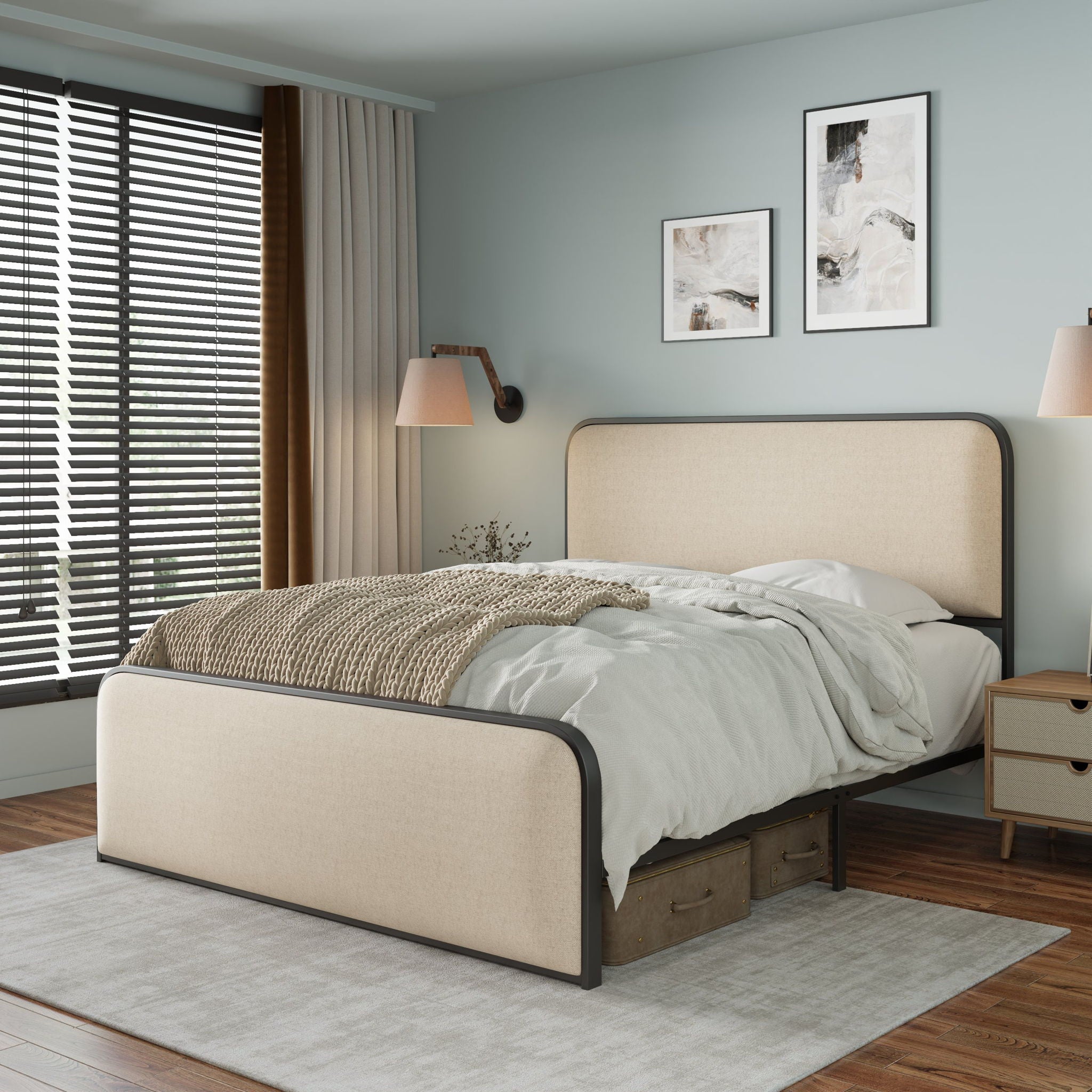Bed Best - Modern Bed With Curved Upholstered Headboard And Footboard, Heavy Duty Metal Slats image 1
