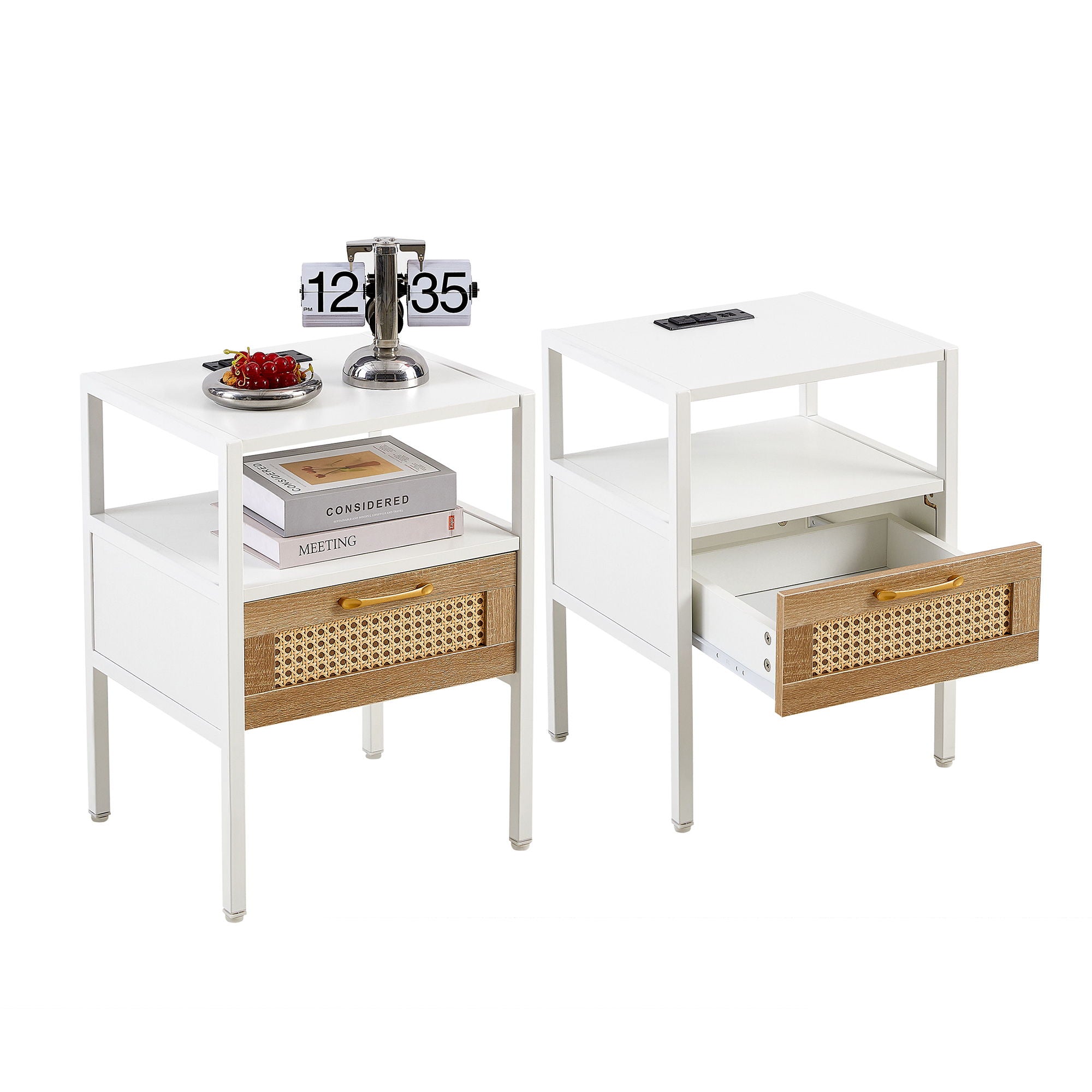 SYA Furniture - Rattan End Table With Power Outlet & USB Ports, Modern Nightstand With Drawer And Metal Legs, Side Table For Living Room, Bedroom image 2