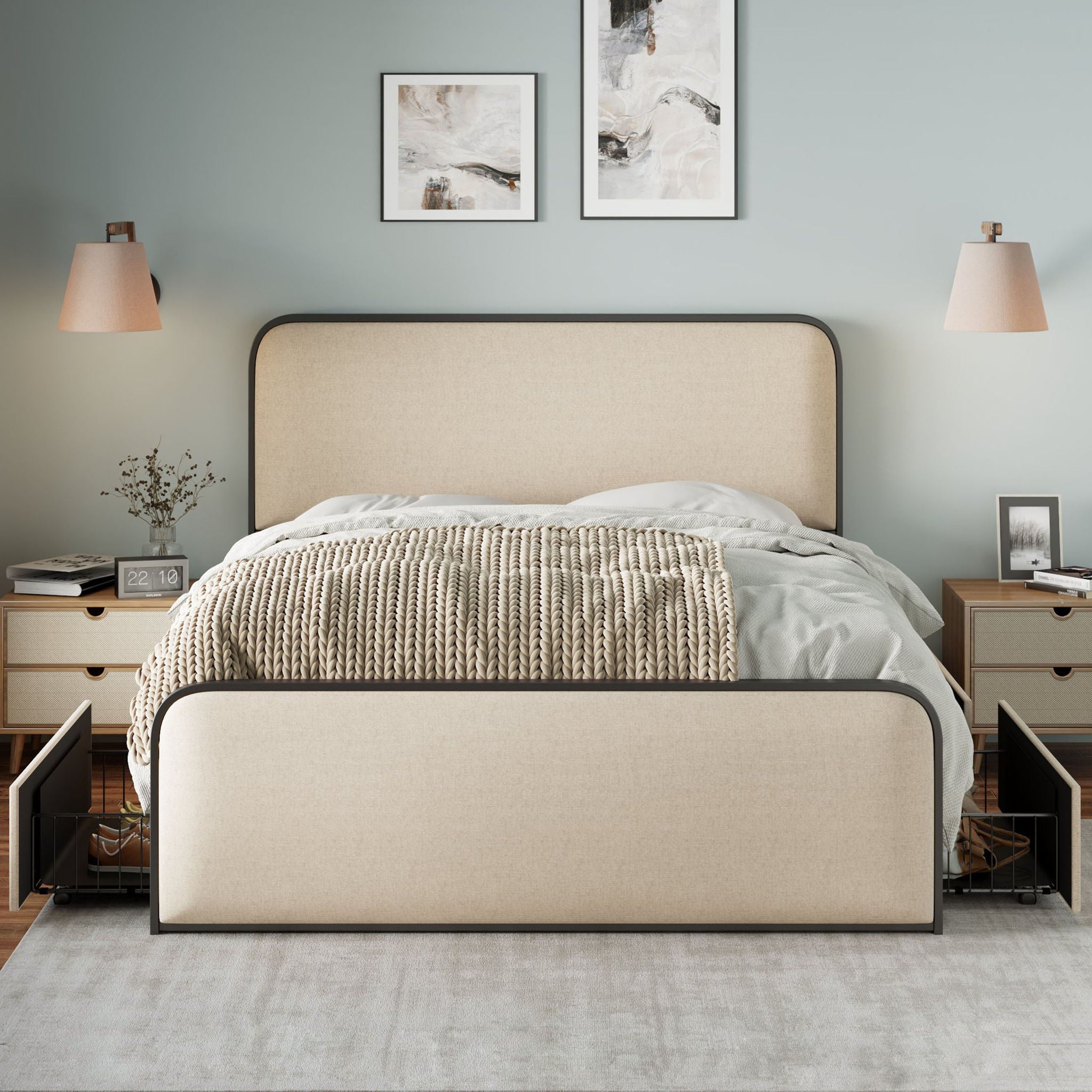 Bed Best - Modern Bed With Curved Upholstered Headboard And Footboard, Heavy Duty Metal Slats image 2