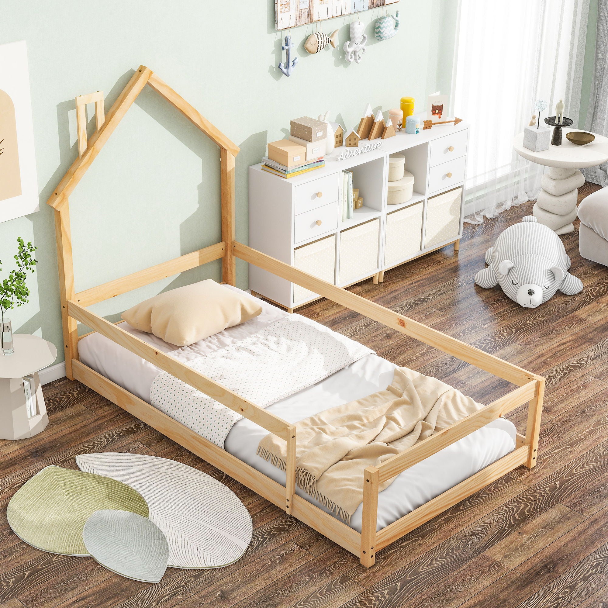 Inspirit - Wood Bed With House Shaped Headboard Floor Bed With Fences image 3