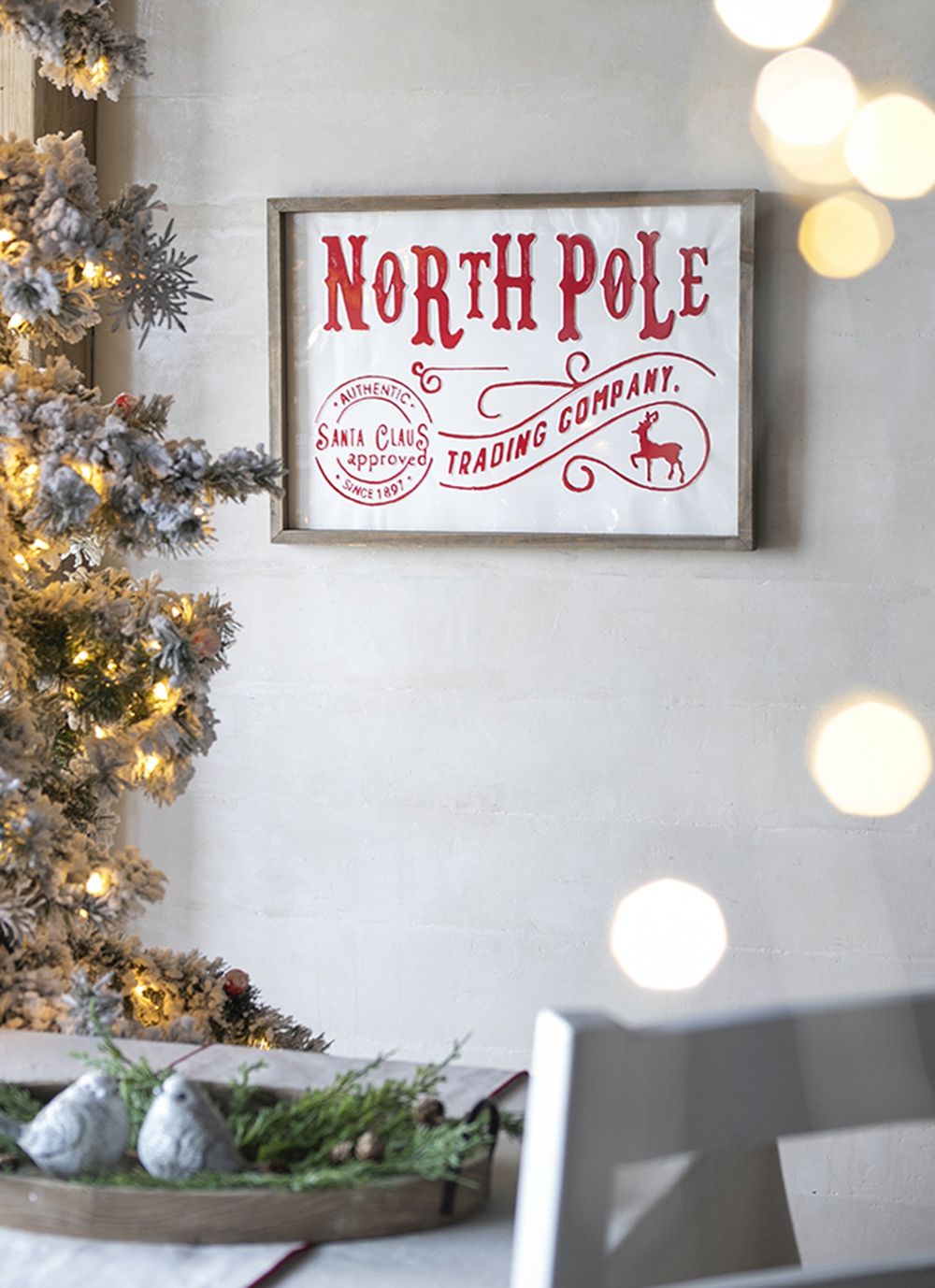 Evergreen Decor - Iron / Wood North Pole Trading Company Wall Sign, For Christmas Holiday Table Wall Decor - White / Red image 2