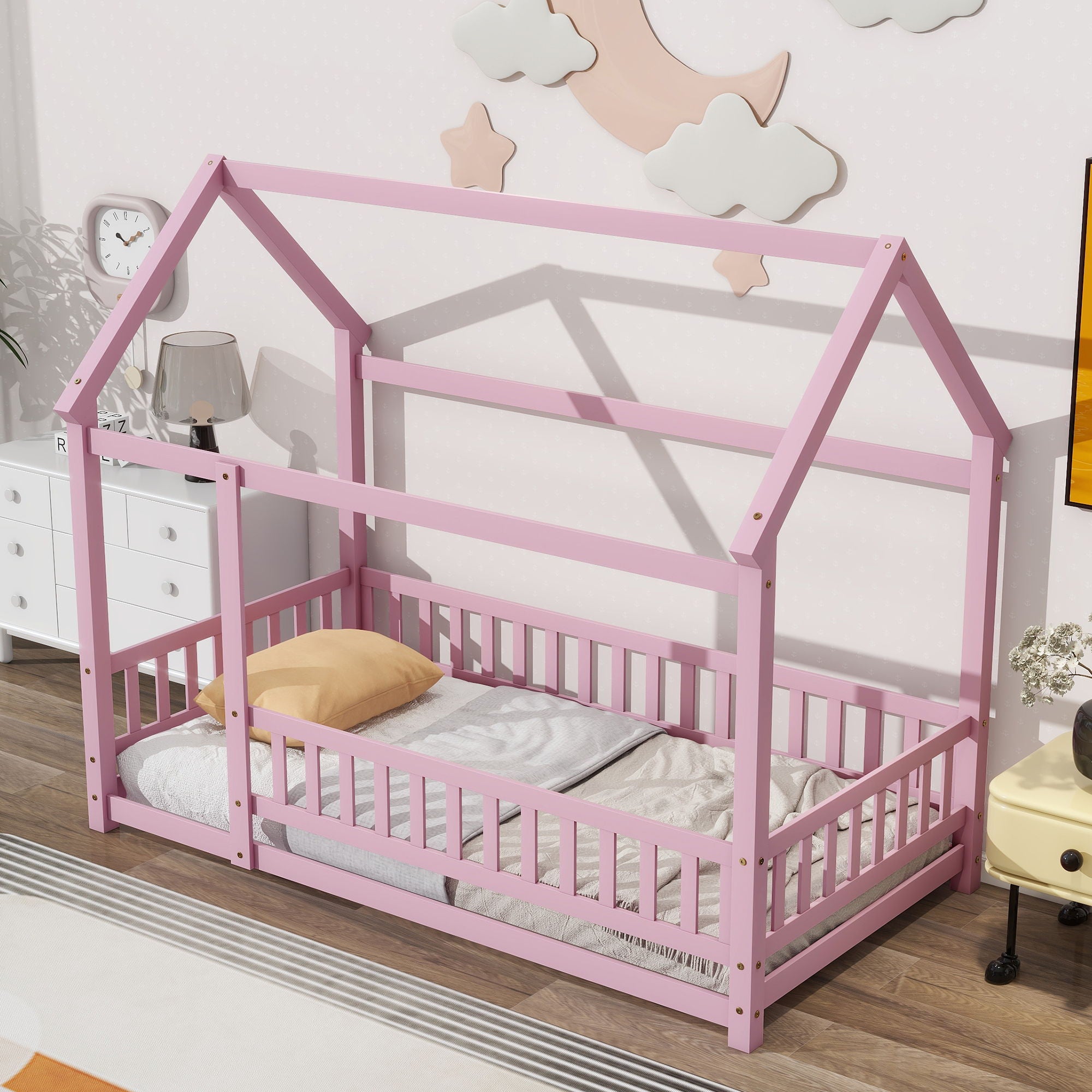 Inspirit - Floor Wooden Bed With House Roof Frame, Fence Guardrails image 19