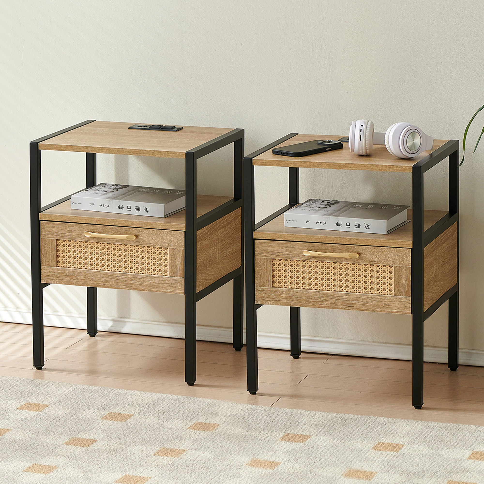 SYA Furniture - Rattan End Table With Power Outlet & USB Ports, Modern Nightstand With Drawer And Metal Legs, Side Table For Living Room, Bedroom image 14