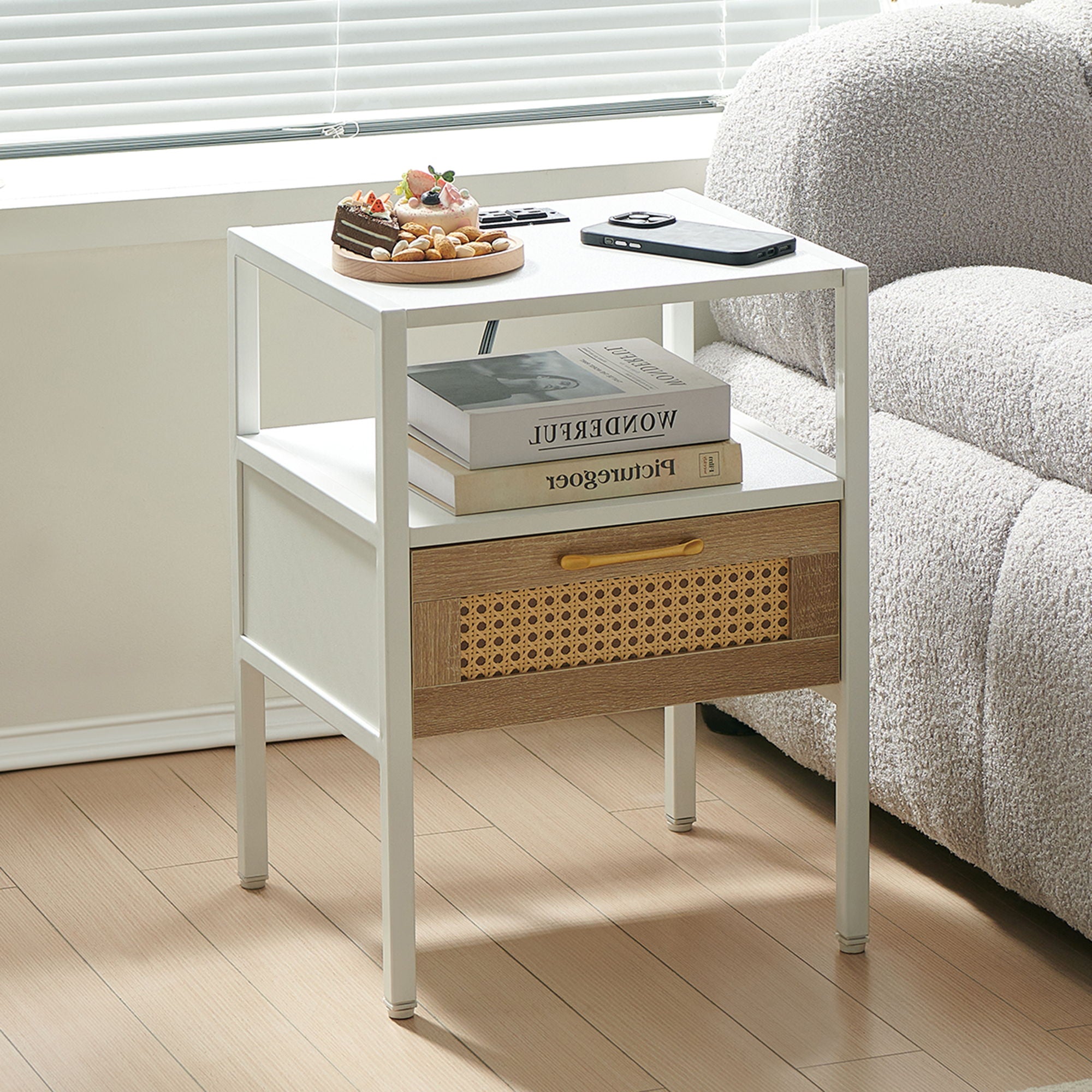 SYA Furniture - Rattan End Table With Power Outlet & USB Ports, Modern Nightstand With Drawer And Metal Legs, Side Table For Living Room, Bedroom image 1