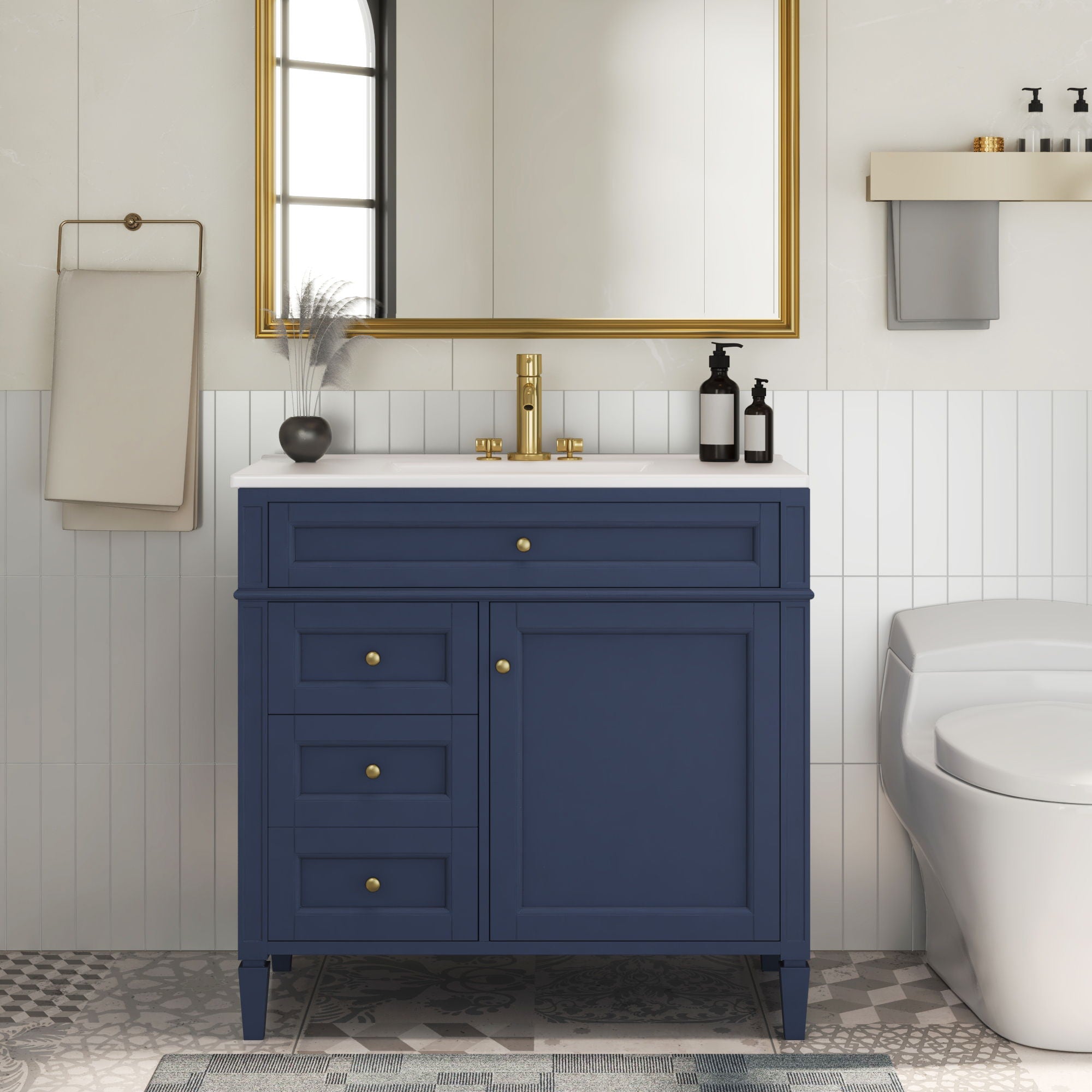 Everwood Home - Bathroom Vanity With Top Sink, Modern Bathroom Storage Cabinet, 2 Drawers And A Tip-Out Drawer, Single Sink Bathroom Vanity - Blue image 1