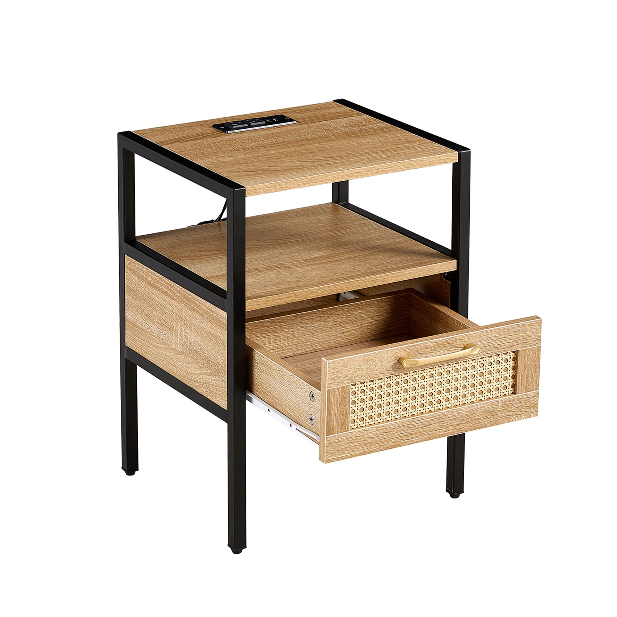 SYA Furniture - Rattan End Table With Power Outlet & USB Ports, Modern Nightstand With Drawer And Metal Legs, Side Table For Living Room, Bedroom image 9