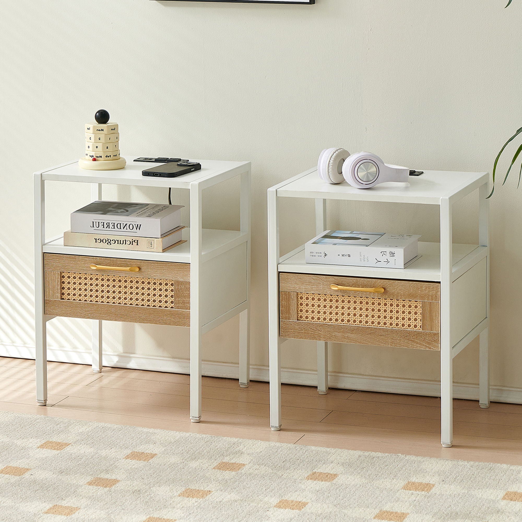 SYA Furniture - Rattan End Table With Power Outlet & USB Ports, Modern Nightstand With Drawer And Metal Legs, Side Table For Living Room, Bedroom image 6