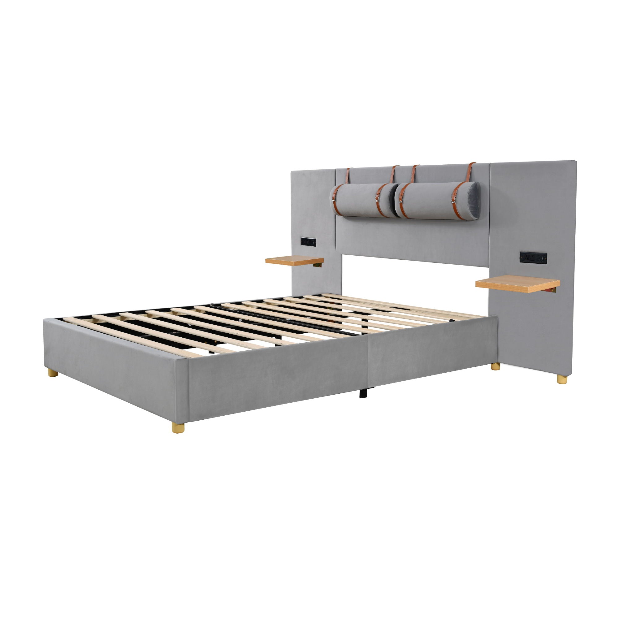 Halcyon Home - Upholstered Platform Bed, 2 Outlets And USB Charging Ports On Both Sides, 2 Bedside Pillows, Storage Shelves image 7