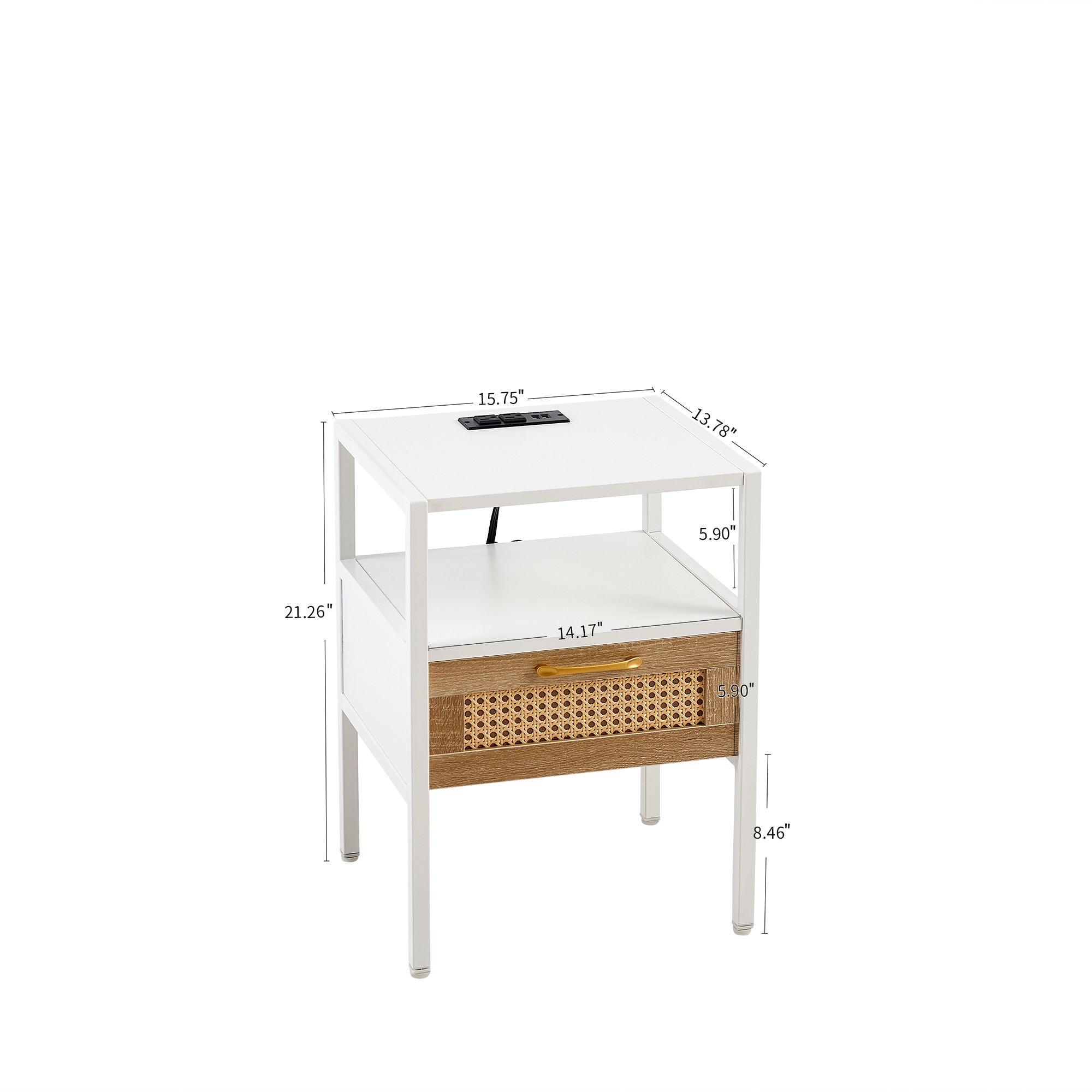 SYA Furniture - Rattan End Table With Power Outlet & USB Ports, Modern Nightstand With Drawer And Metal Legs, Side Table For Living Room, Bedroom image 10
