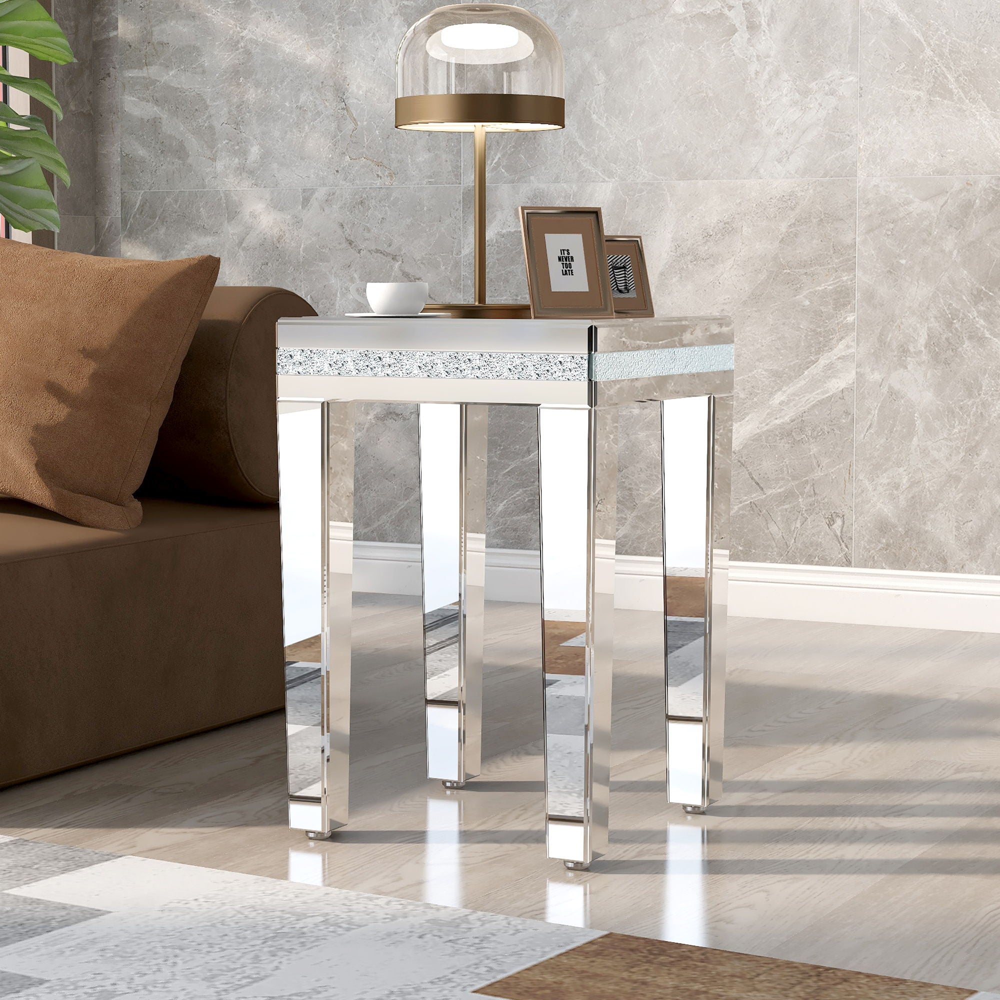 On-Trend - Fashionable Modern Glass MirroredTable With Crystal Design And Adjustable Height Legs image 6