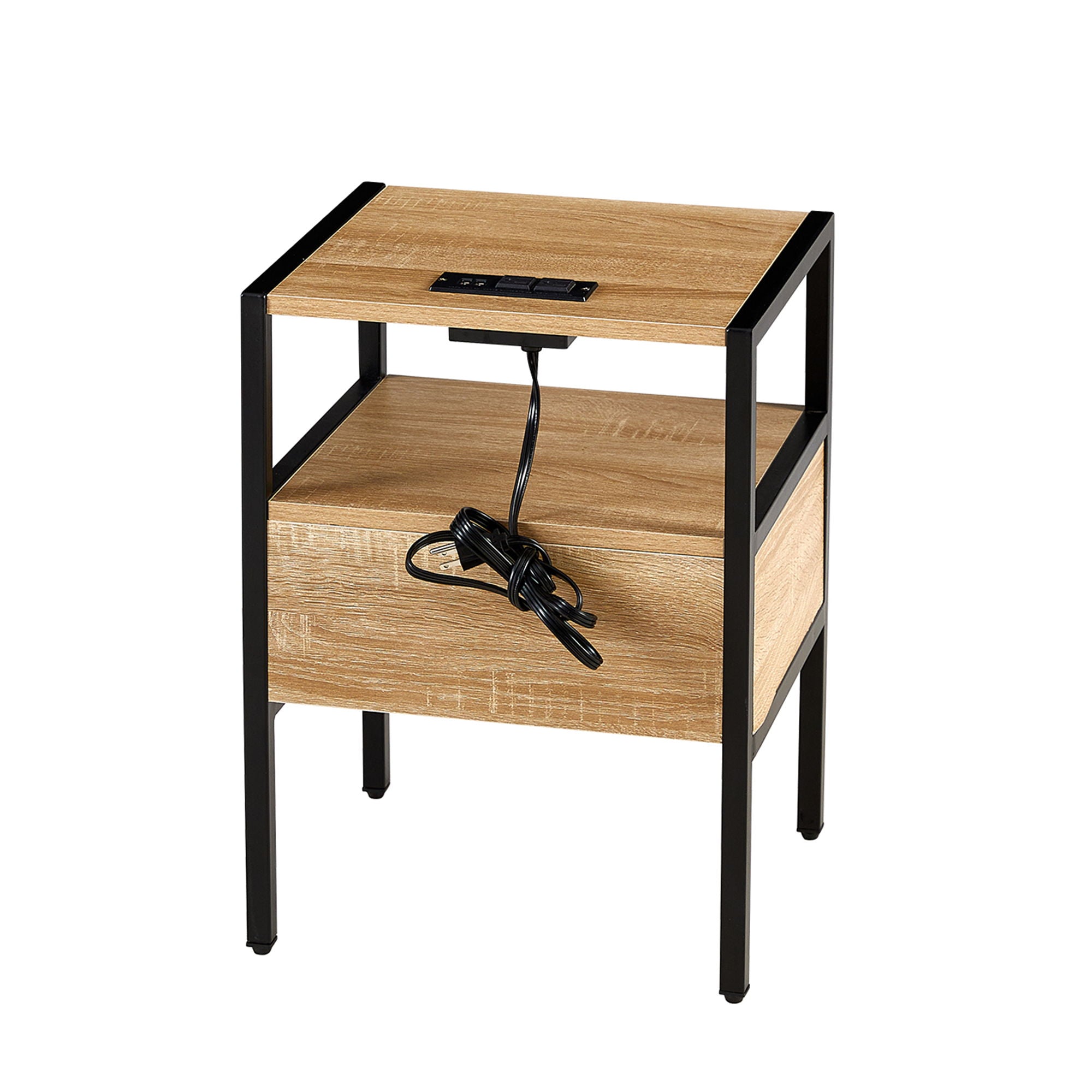 SYA Furniture - Rattan End Table With Power Outlet & USB Ports, Modern Nightstand With Drawer And Metal Legs, Side Table For Living Room, Bedroom image 12