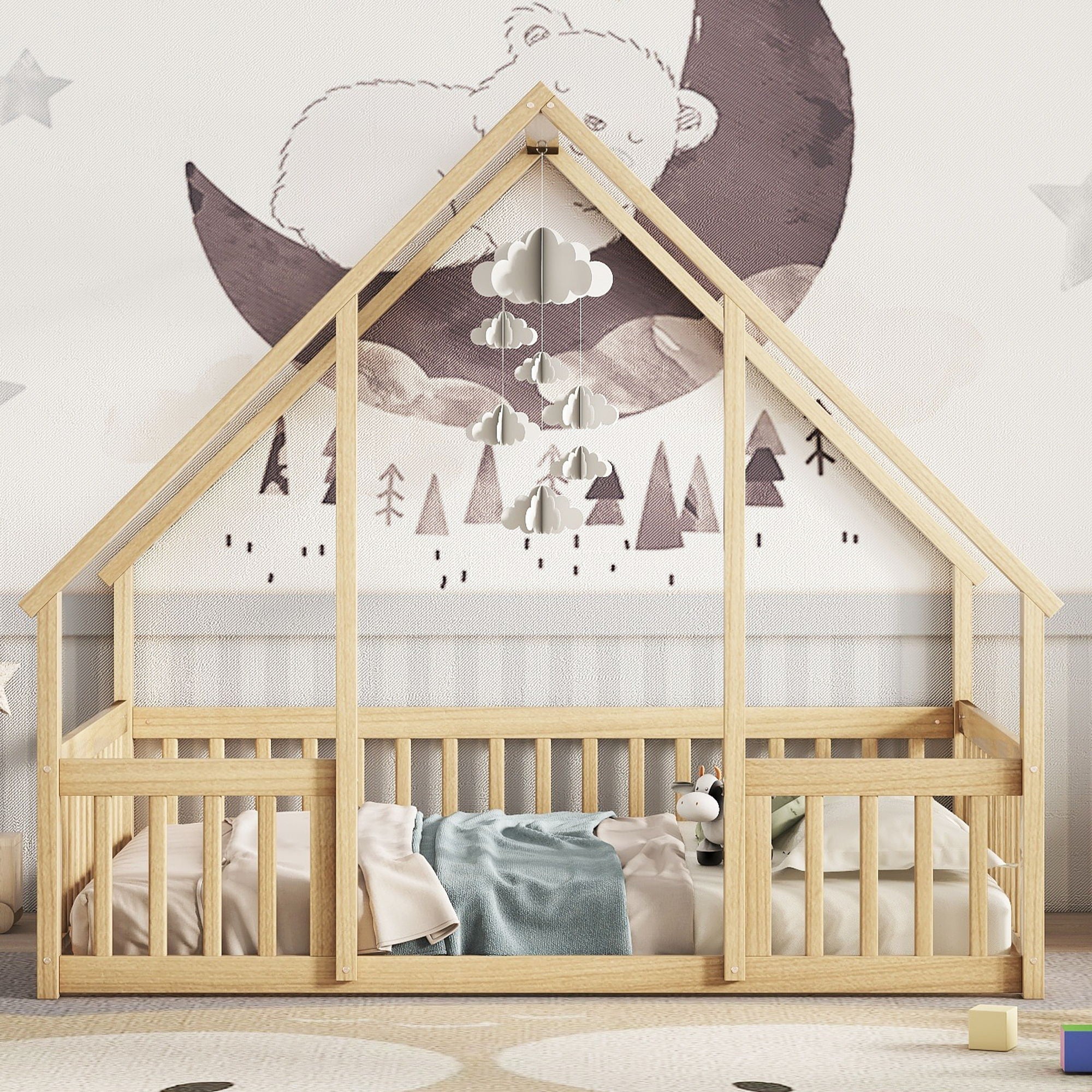 Inspirit - Wood House-Shaped Floor Bed With Fence, Guardrails image 5