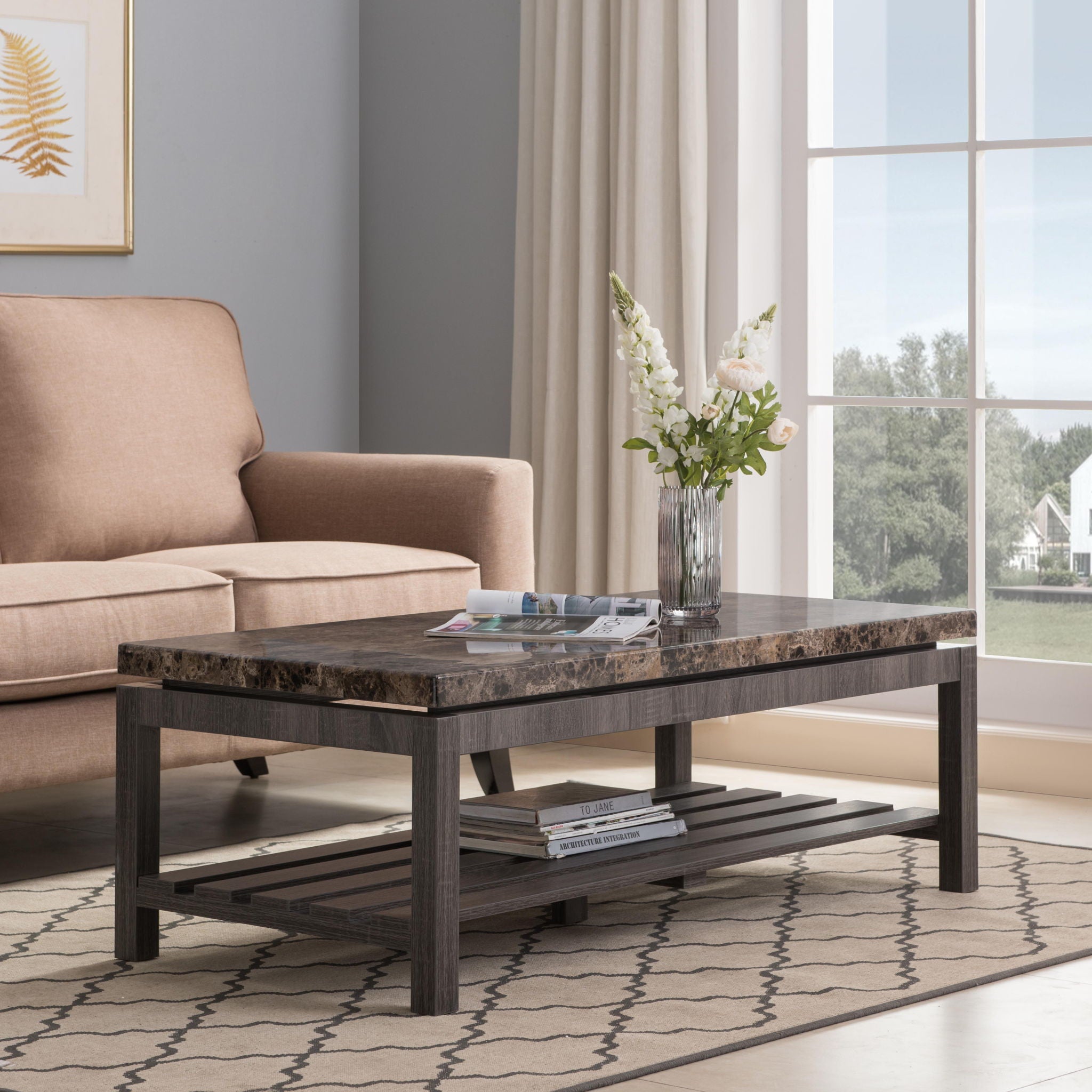 Id International, Inc. - Couch.com Coffee Table Occasional Faux Marble Slat Shelf Country Farmhouse Italian Distressed Gray, Durable Design, Modern Style, Wood Construction, Dark Brown Finish image 4