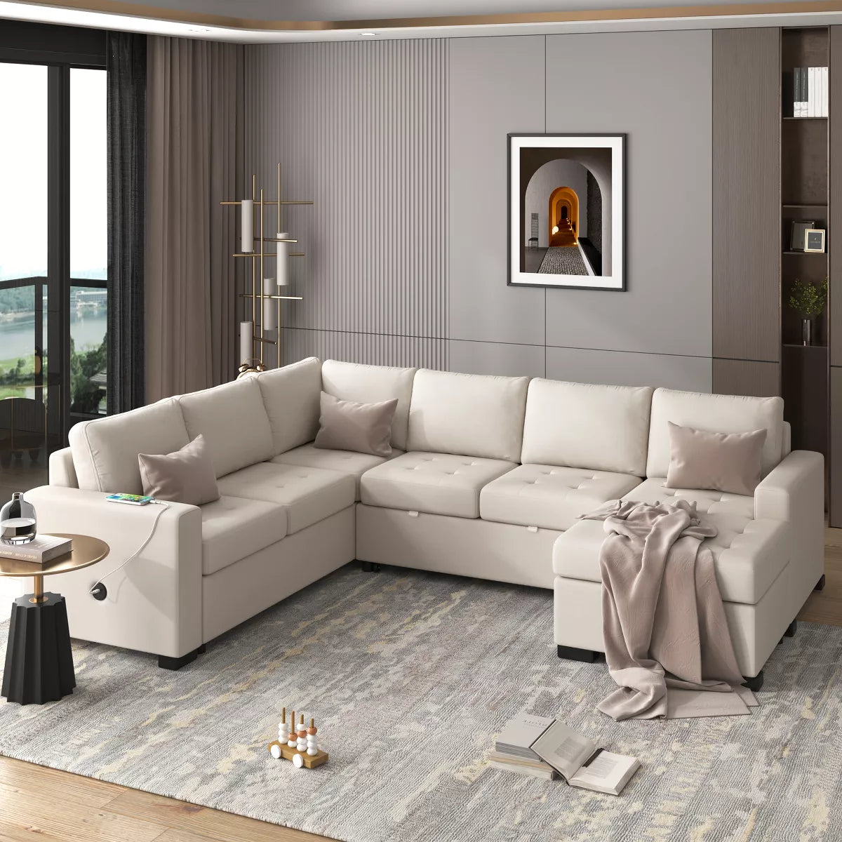 Target - 108" Pull-Out Sleeper Sofa Couches, Upholstered Modular Sectional Sofa with USB and Type-C Interfaces - ModernLuxe image 6