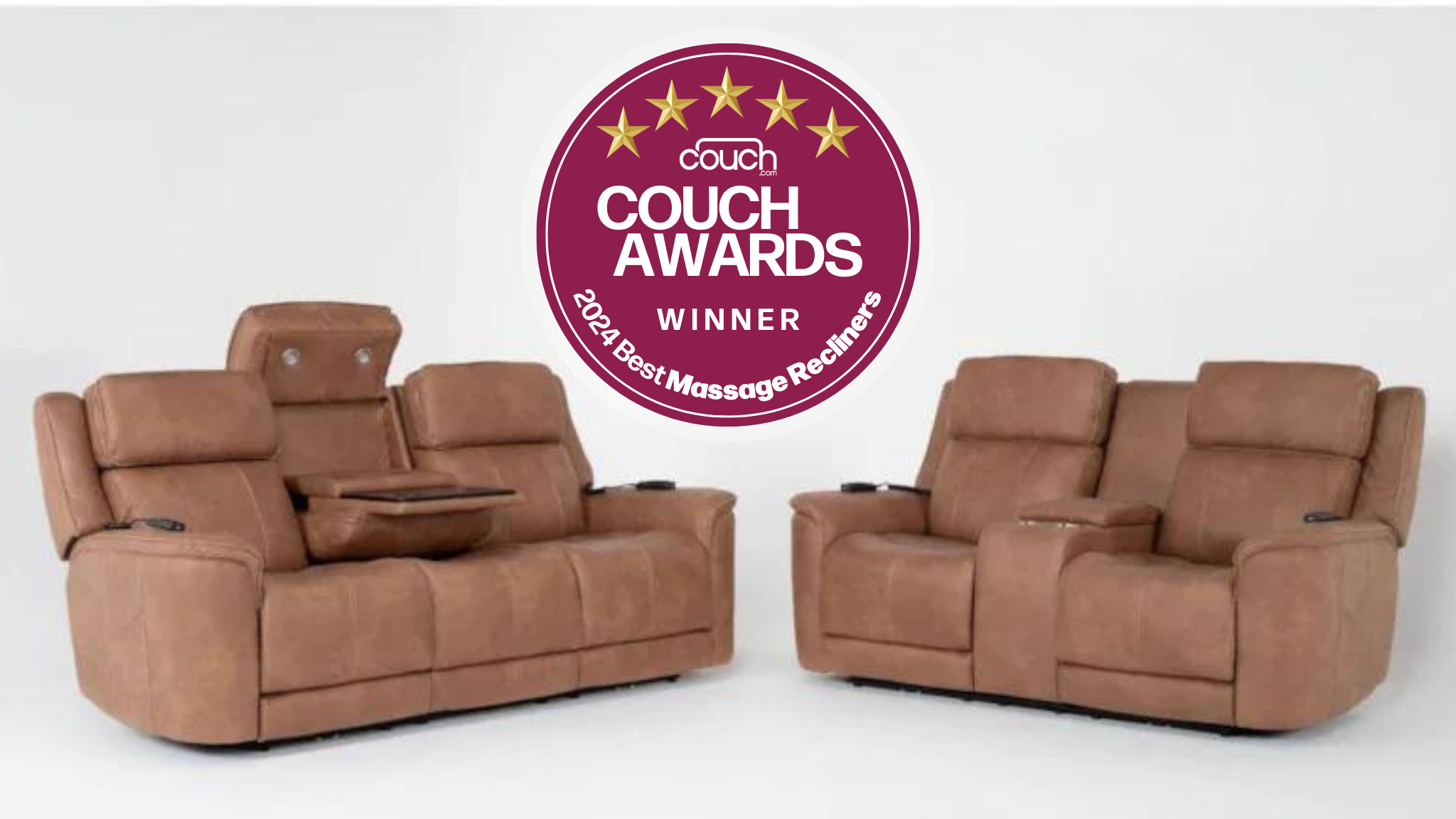 Light brown two-seater recliner and light brown three-seater sofa facing each other against a white background.