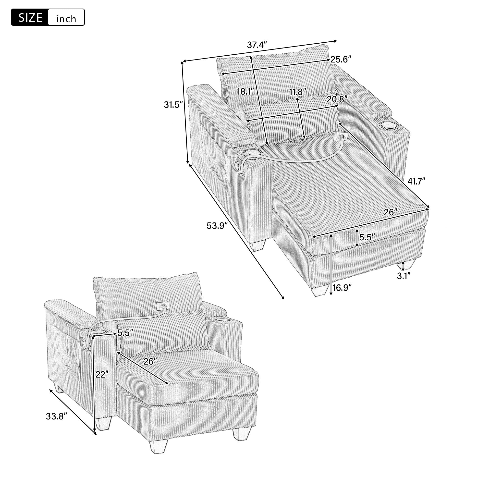 Oris Fur. - Convertible Chaise Lounge Sofa Chair With USB Ports, Cup Holders, Phone Holder And Storage image 18