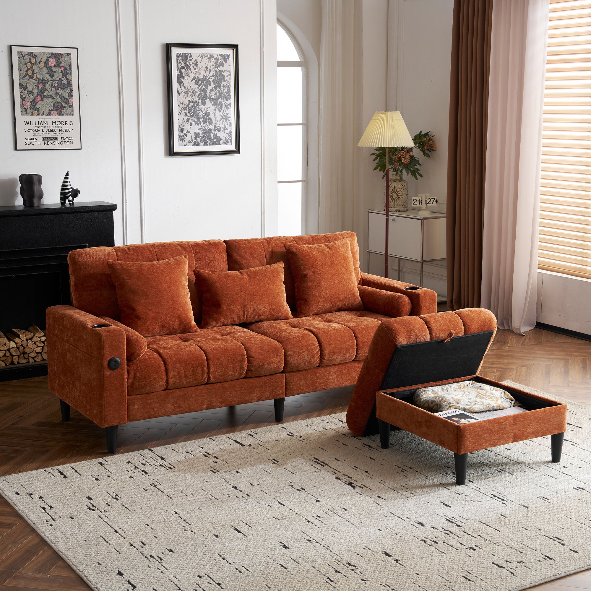 Altura Home - 3 Seat L-Shaped Chenille Sofa With Removable And Storage Ottoman, Side Storage, And USB / C - Type Charging Ports Sofa For Living Room image 7