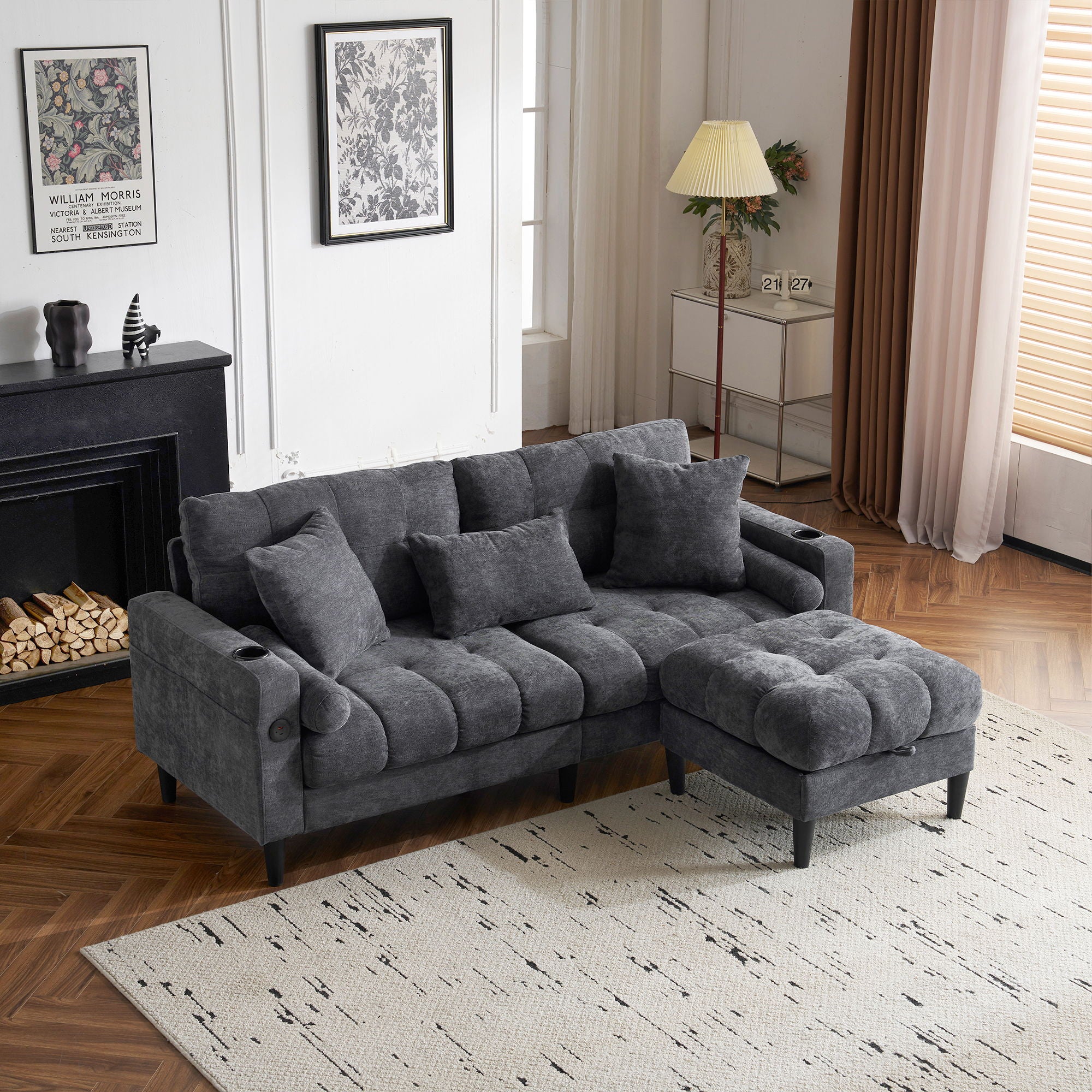 Altura Home - 3 Seat L-Shaped Chenille Sofa With Removable And Storage Ottoman, Side Storage, And USB / C - Type Charging Ports Sofa For Living Room image 4