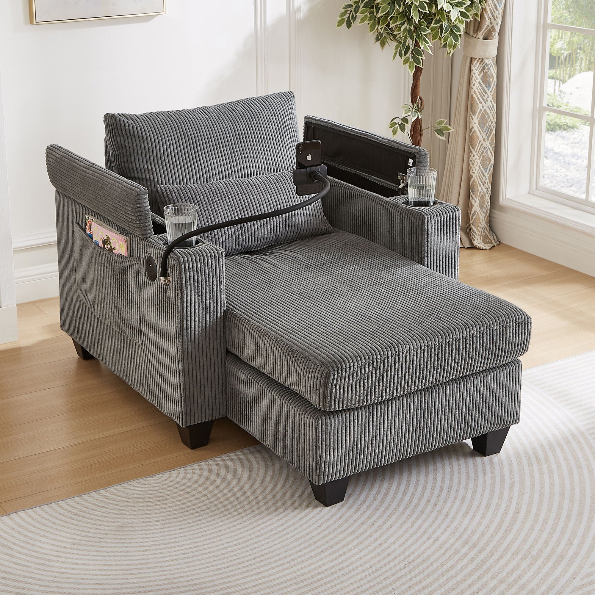 Oris Fur. - Convertible Chaise Lounge Sofa Chair With USB Ports, Cup Holders, Phone Holder And Storage image 2