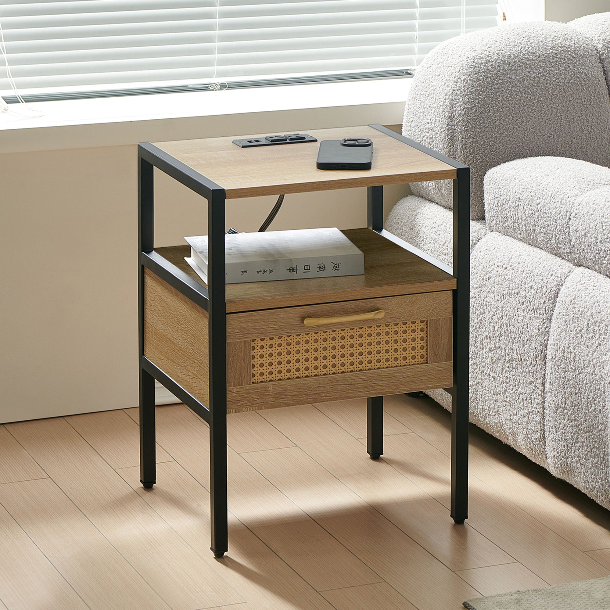 SYA Furniture - Rattan End Table With Power Outlet & USB Ports, Modern Nightstand With Drawer And Metal Legs, Side Table For Living Room, Bedroom image 4