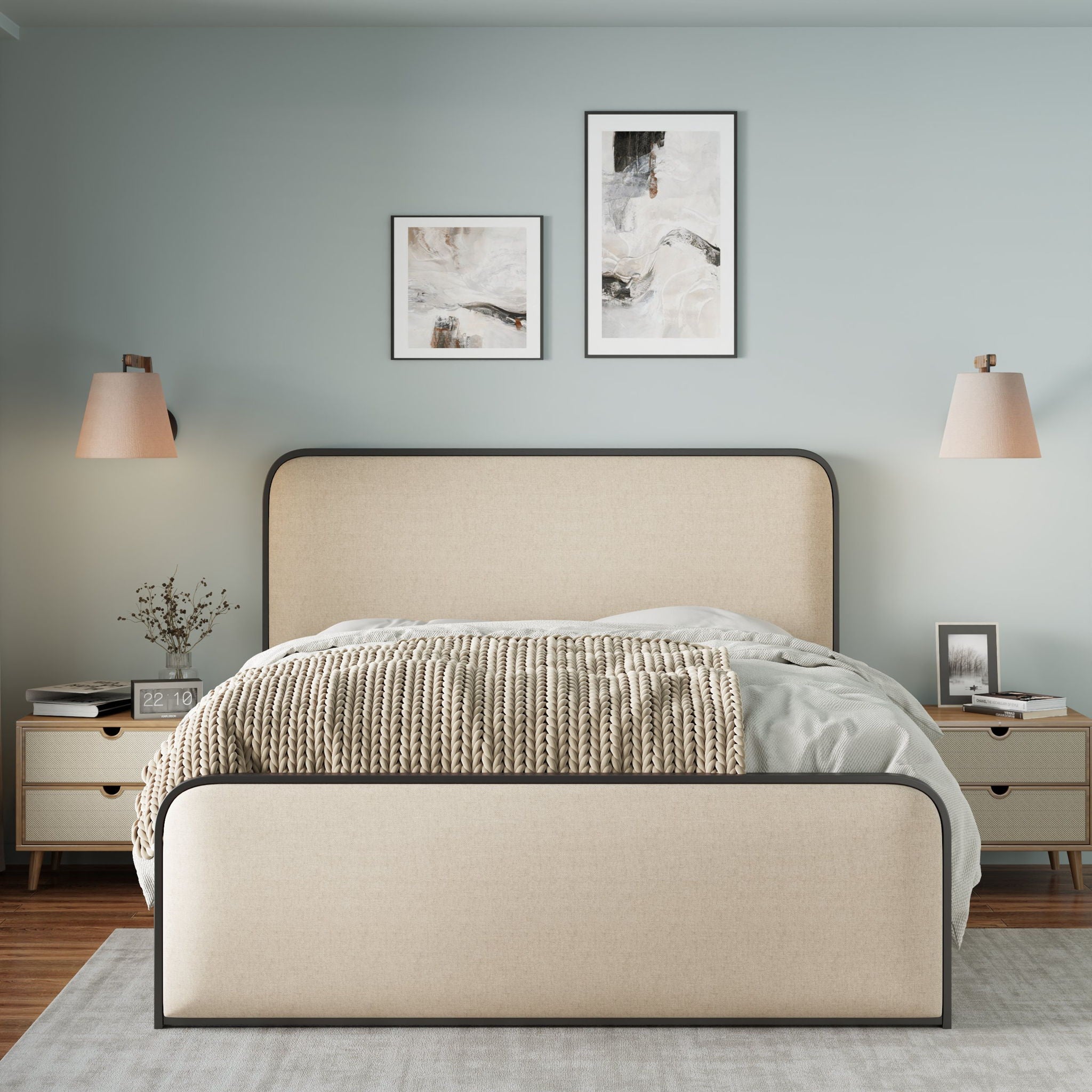 Bed Best - Modern Bed With Curved Upholstered Headboard And Footboard, Heavy Duty Metal Slats image 3