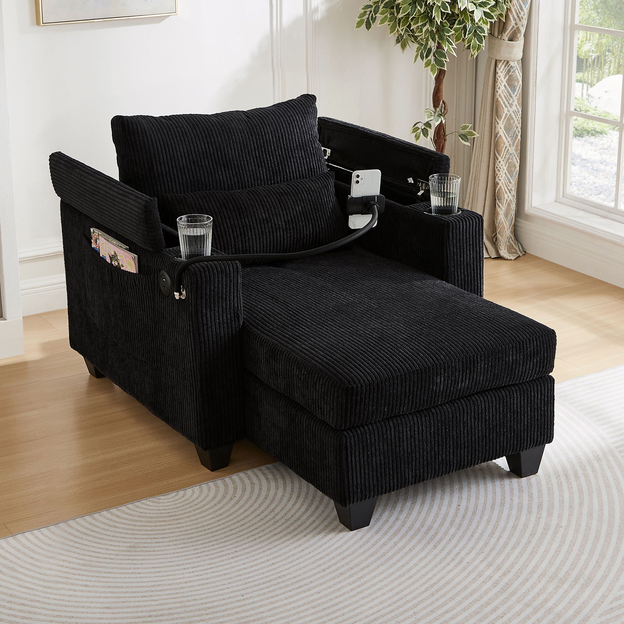 Oris Fur. - Convertible Chaise Lounge Sofa Chair With USB Ports, Cup Holders, Phone Holder And Storage image 6
