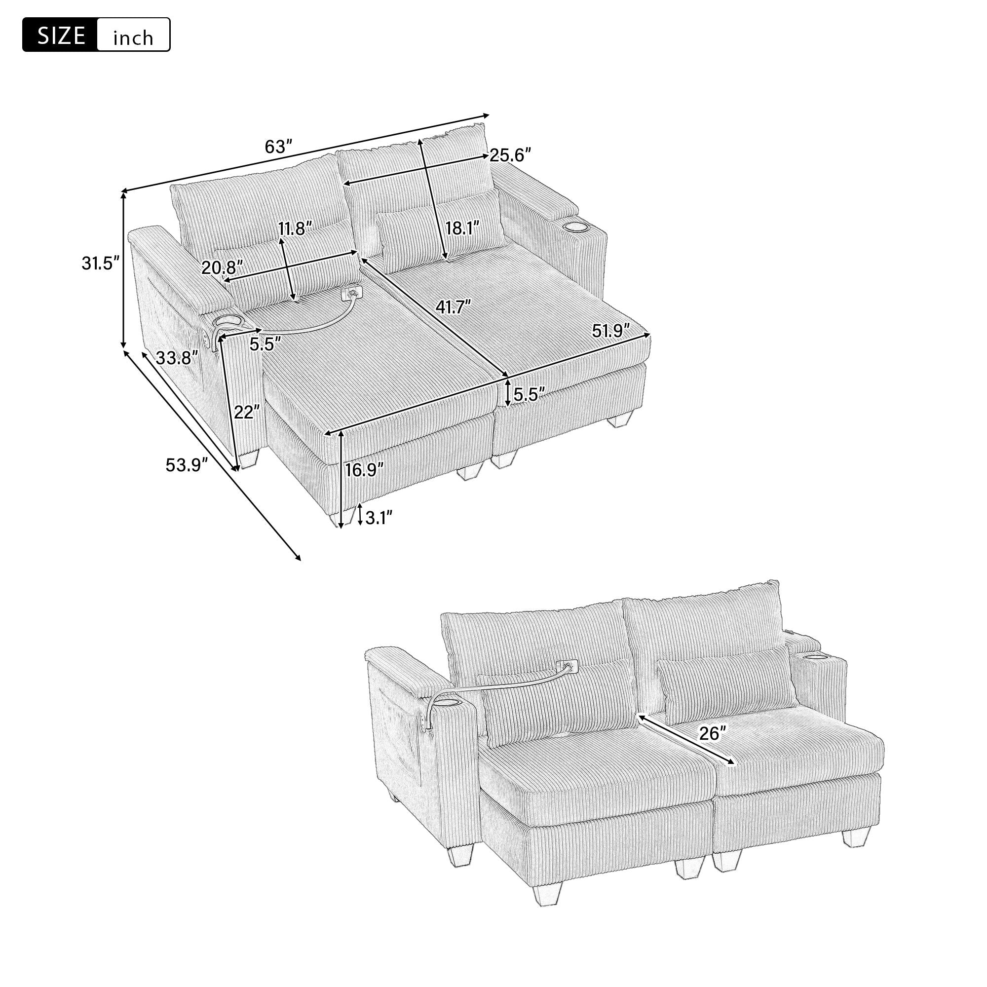 Oris Fur. - Convertible Chaise Lounge Sofa Chair With USB Ports, Cup Holders, Phone Holder And Storage image 17