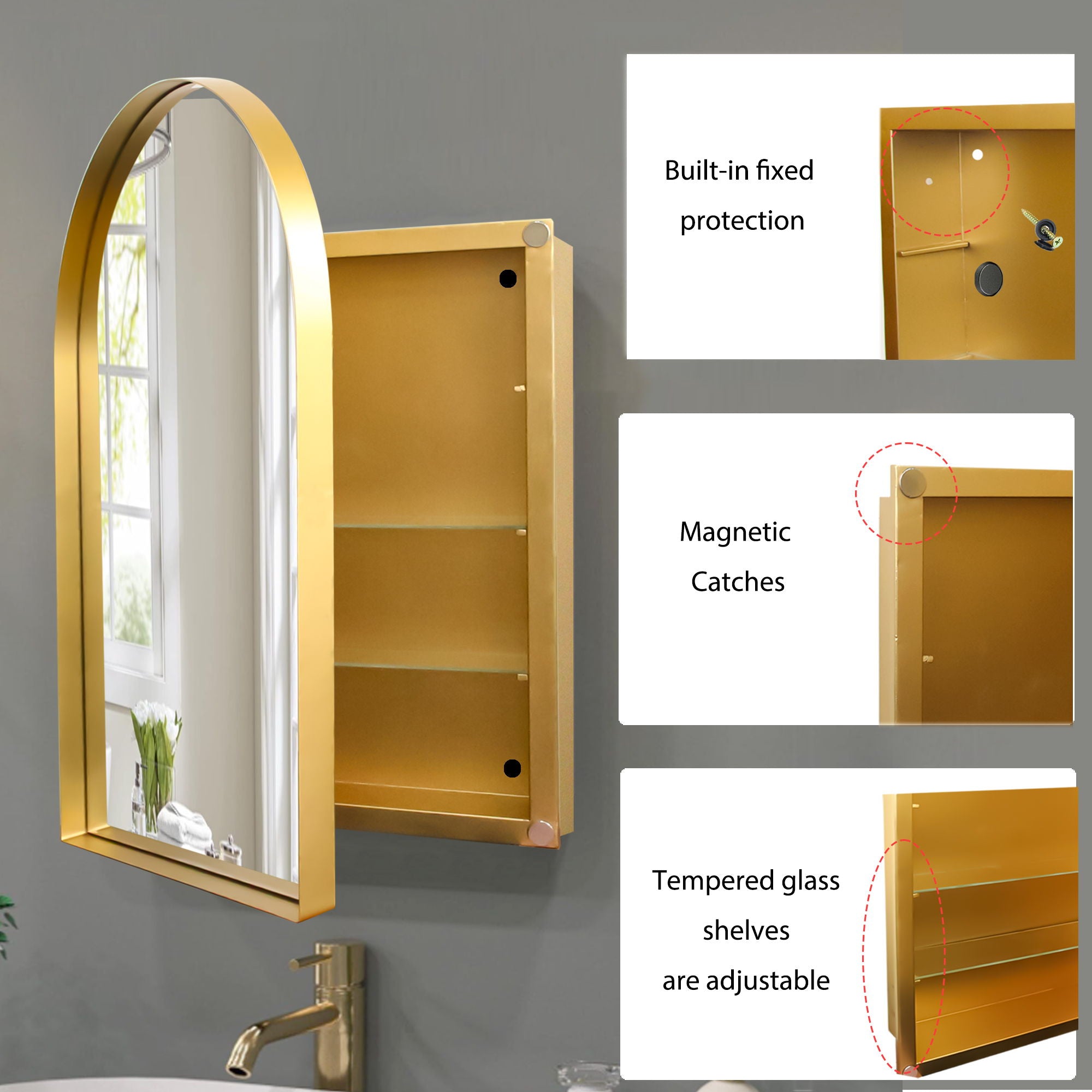 Fs Furniture - Arched Recessed Medicine Cabinet, Metal Framed Bathroom Wall Cabinet With Mirror And Adjustable Shelves, Wall Mirror With Storage For Bathroom image 9