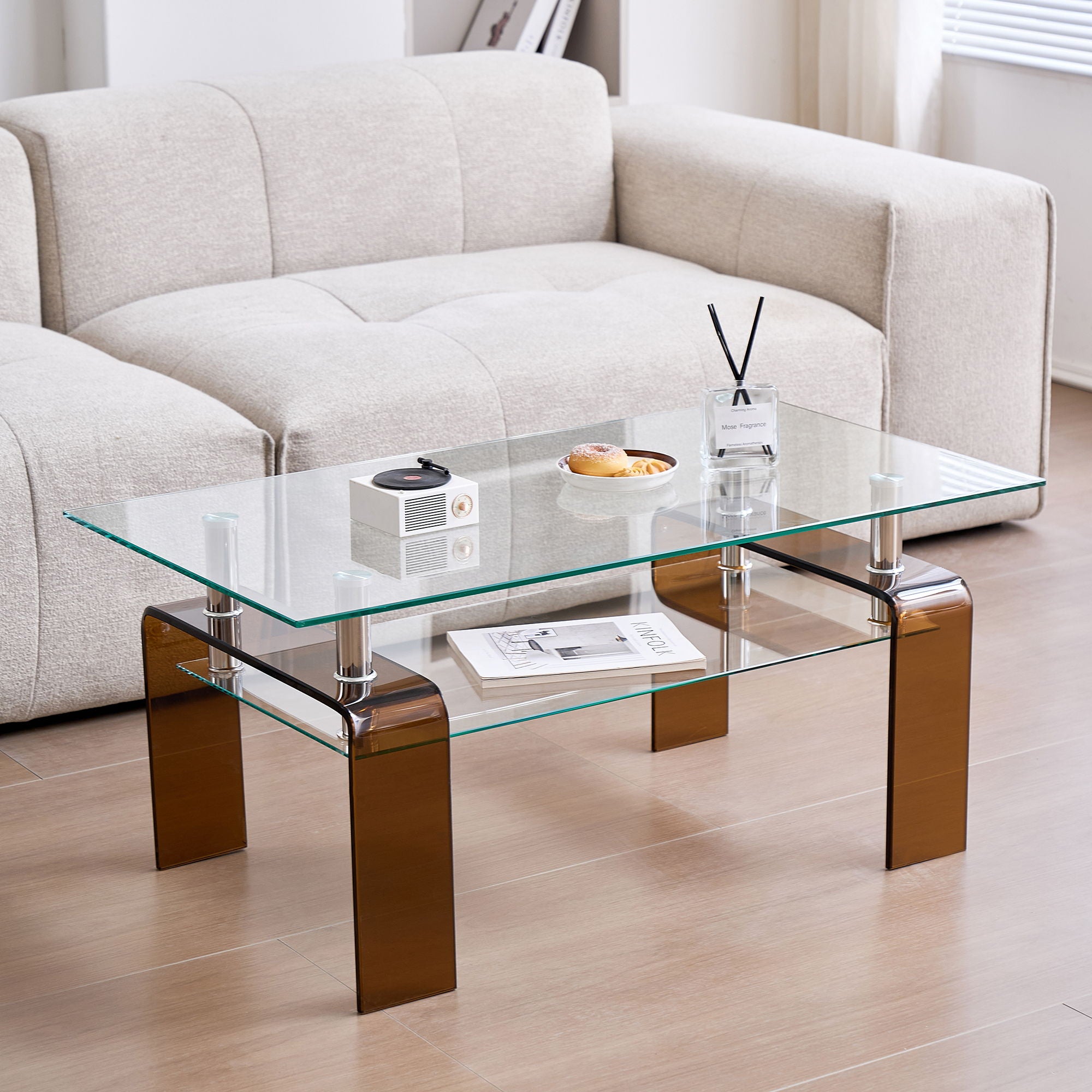 CJ Furniture - Modern Tempered Glass Coffee Table With 2 Tier Storage For Living Room image 10