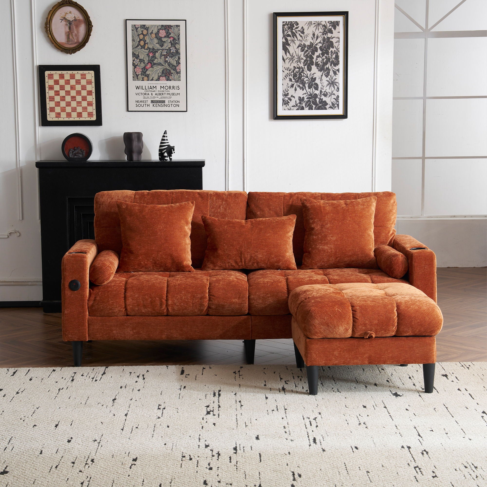 Altura Home - 3 Seat L-Shaped Chenille Sofa With Removable And Storage Ottoman, Side Storage, And USB / C - Type Charging Ports Sofa For Living Room image 6
