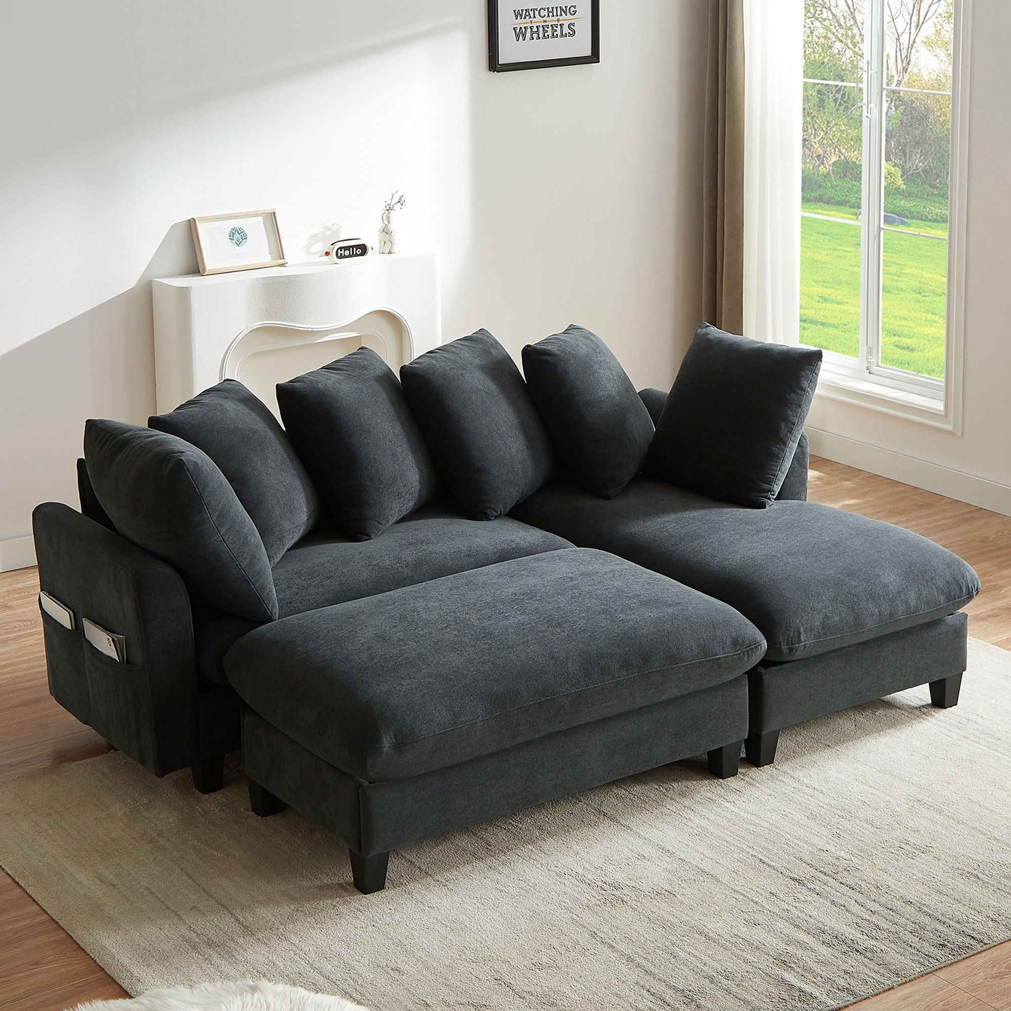 Oris Fur. - Upholstered L Shaped Sectional Sofa With Storage, Movable Ottoman, And 6 Throw Pillows image 6