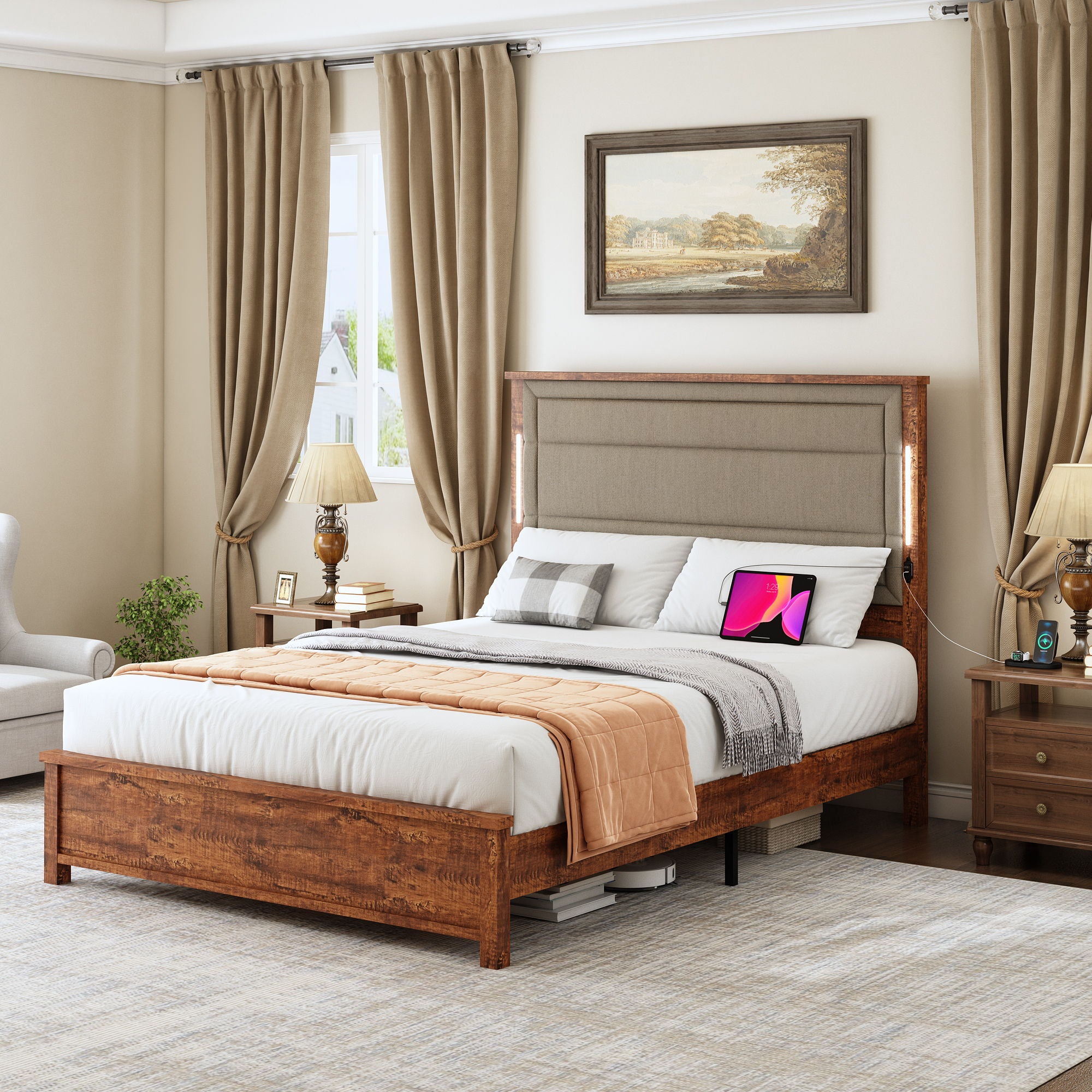 Jhomier Furniture - Queen Size Bed Frame With Upholstered Headboard, Queen Bed Frame With Charging Station And LED Lights, Wood Slats, No Box Spring Needed - Gray / Dark Brown image 4