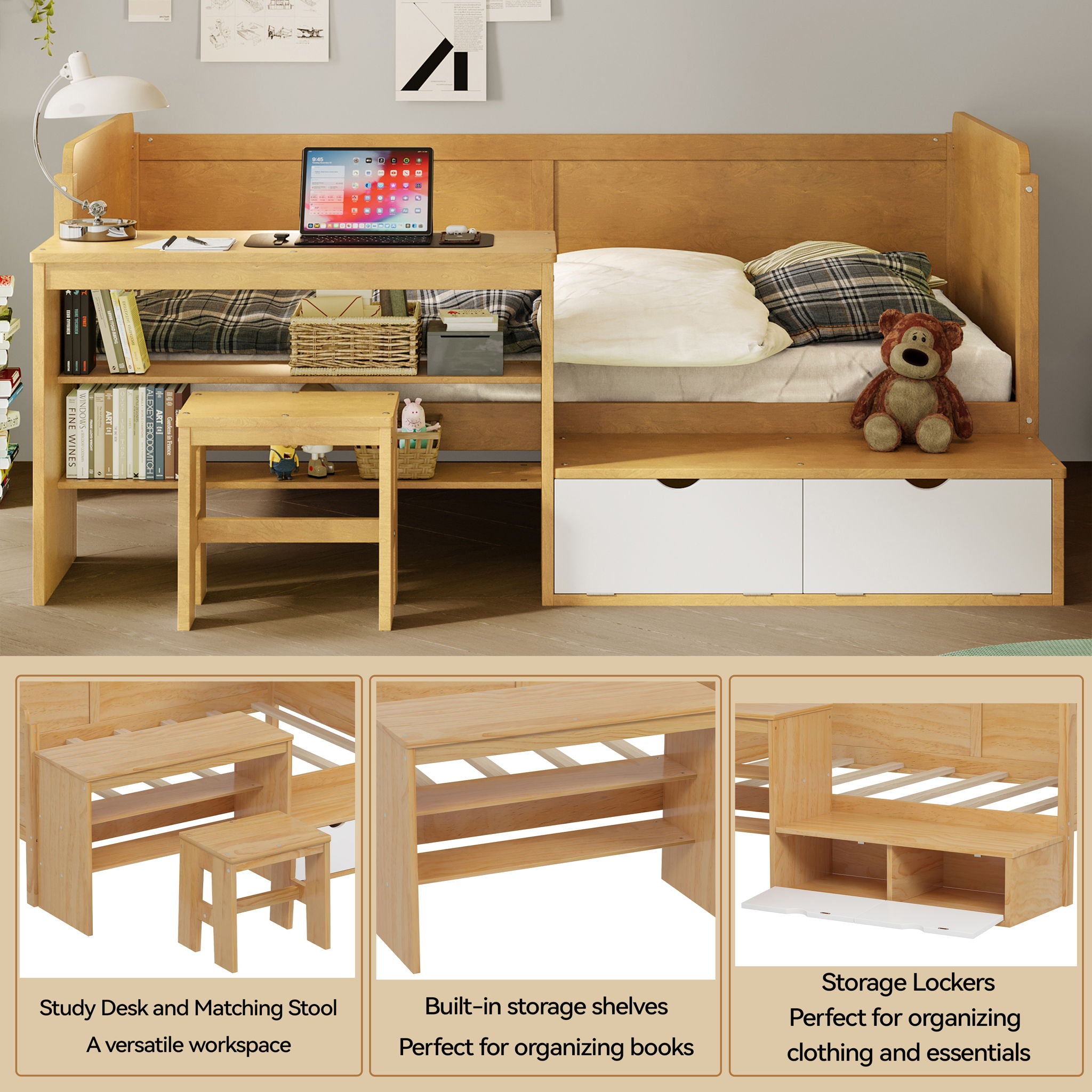Homey Life - Daybed With Storage Shelves And Lockers, Multi Functional Bed With Study Desk And Matching Stool image 7