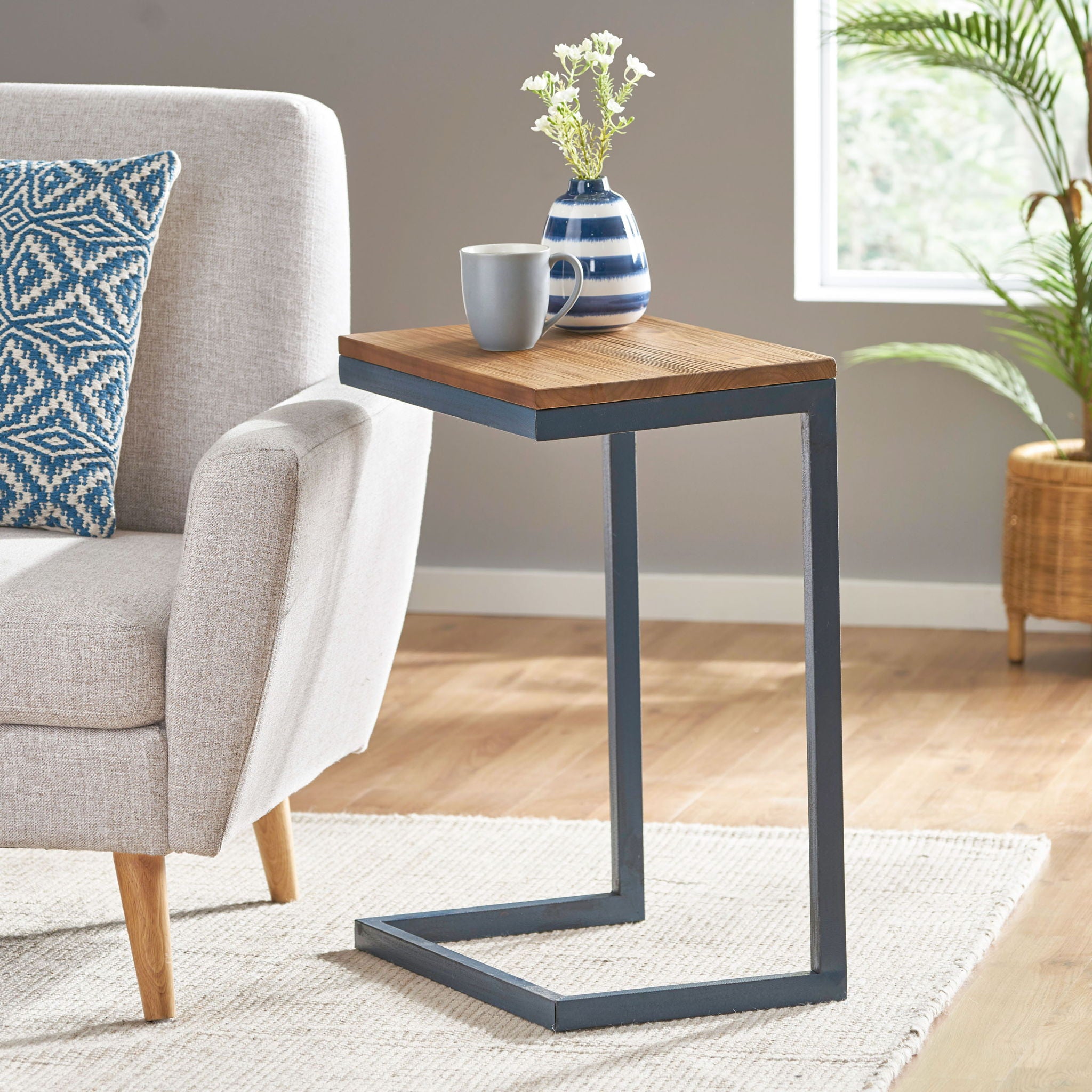 Home Living - C Shaped End Table With Iron Base And Fir Wood To image 4