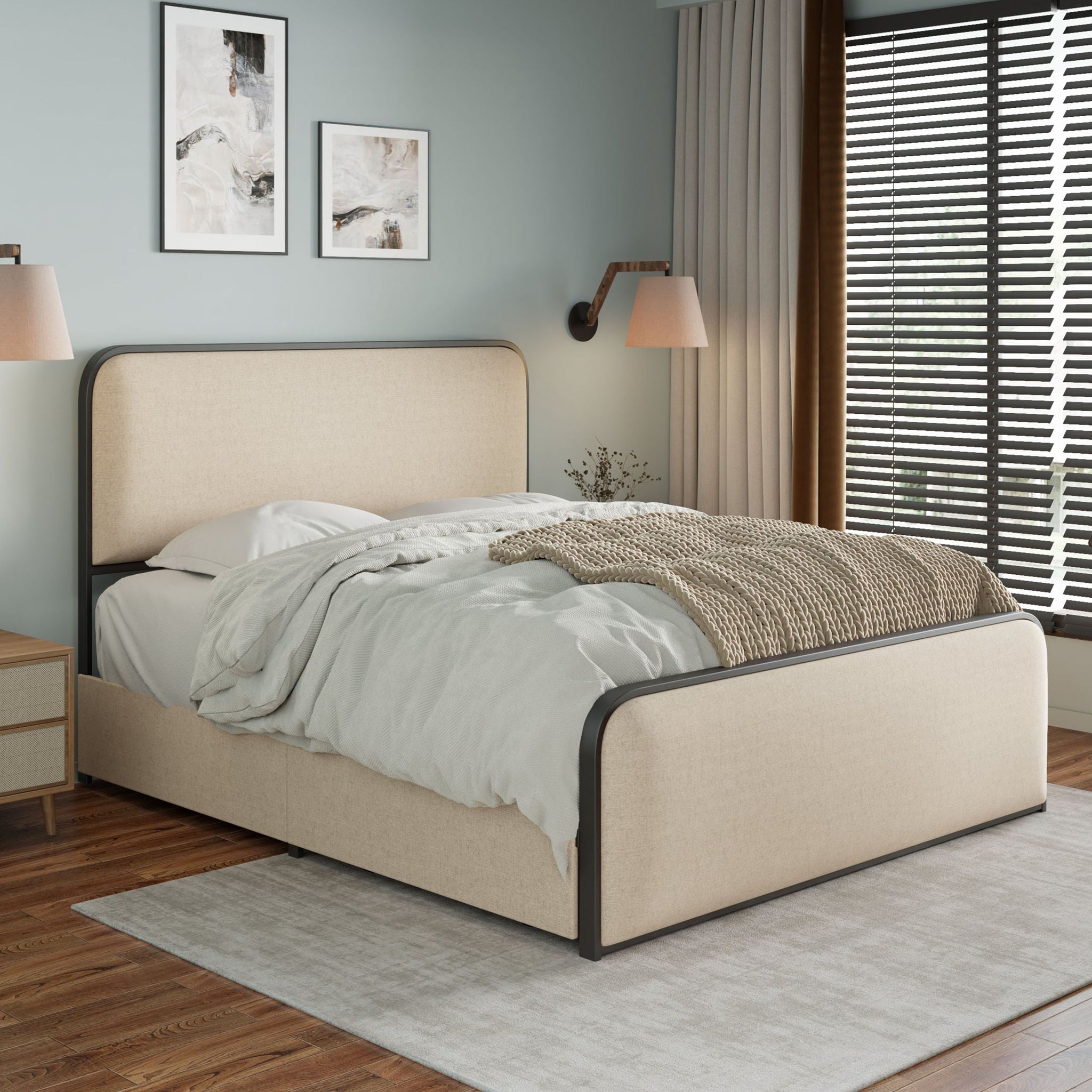 Bed Best - Modern Bed With Curved Upholstered Headboard And Footboard, Heavy Duty Metal Slats image 4