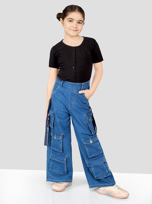 Girls Dark Blue Easy Fit 6-Pocket Denim Cargos – Tradyl