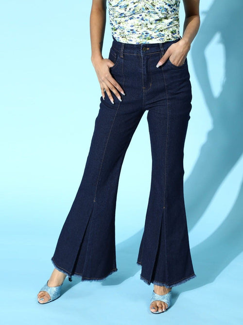 Women Navy Wash Denim Bell Bottom Jeans