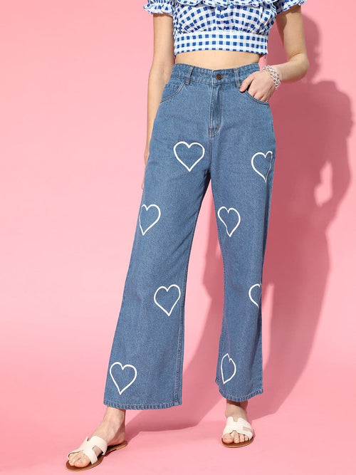 Wholesale Women Blue Heart-Beat Print Jeans – Tradyl