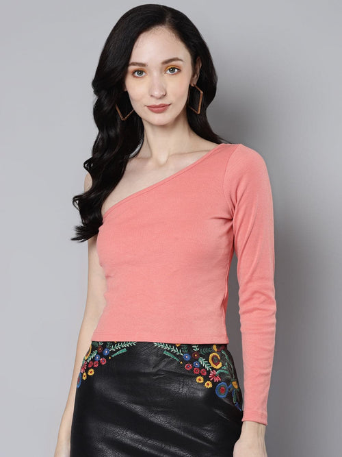 Women Peach Crop Top With A-Line Pants & Shrug