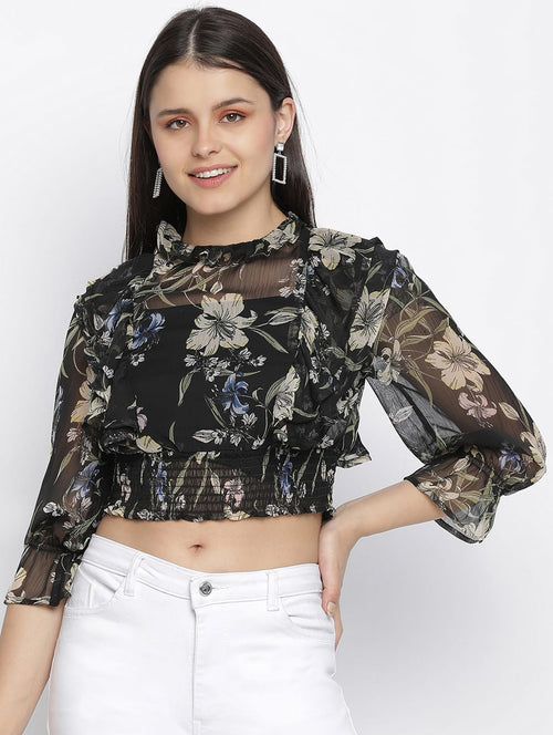 Wholesale Wamper Black Floral Print Women Crop Top – Tradyl