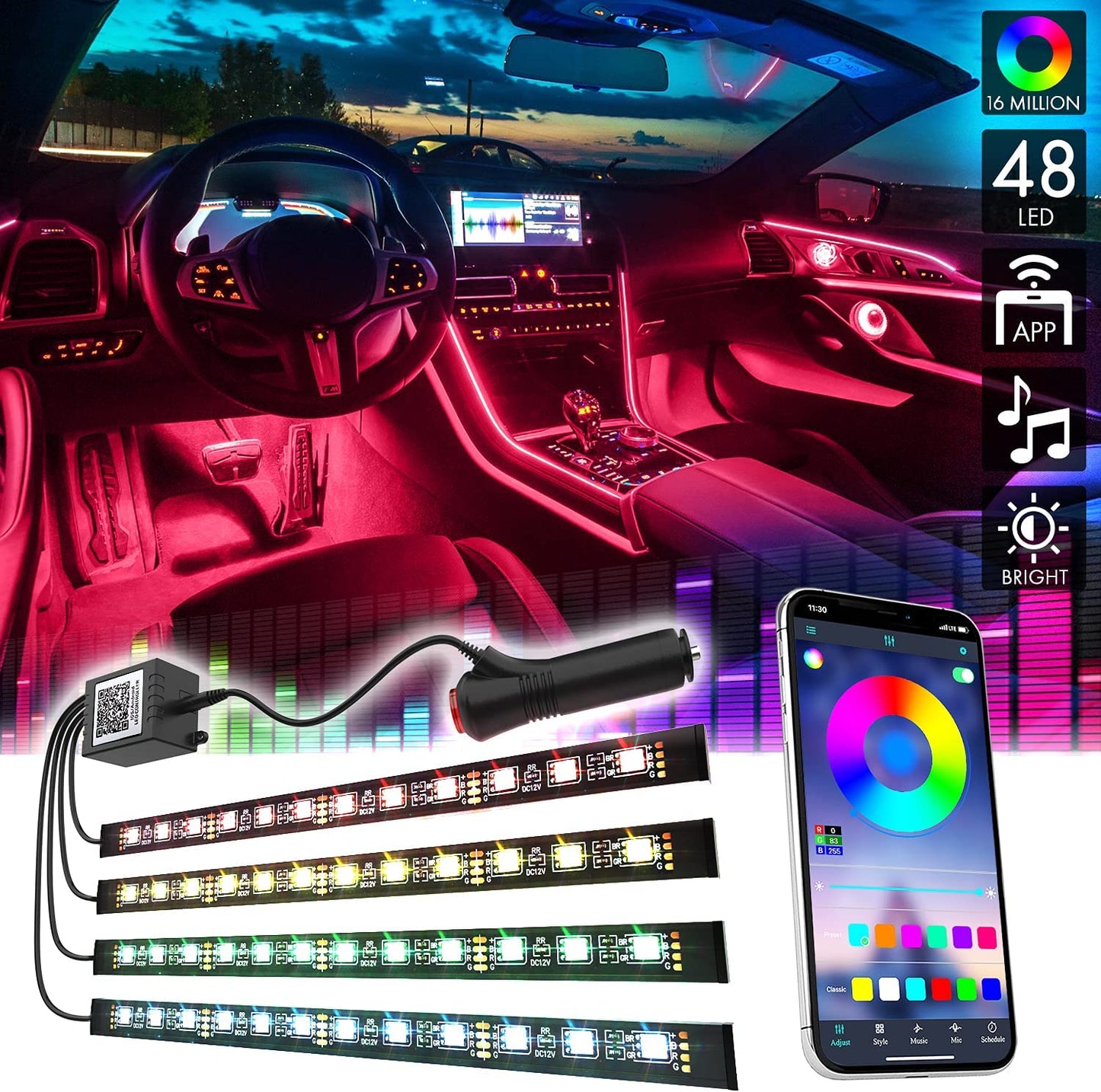 Atmosphere Lamp Kit | Bluetooth Phone Control Car Strip Light – Go To