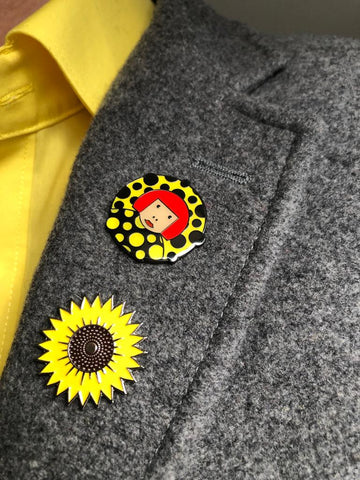 Yayoi Kusama and Picasso sunflower lapel badges by Andy Tuohy
