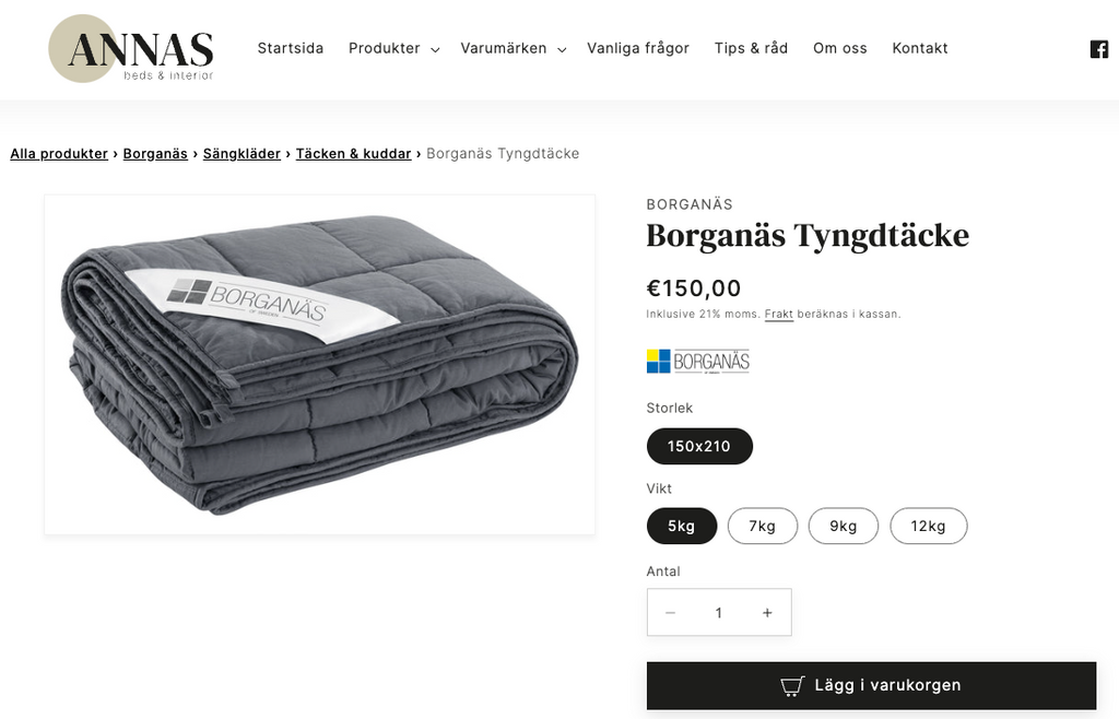 En skärmdump från en produktsida på annas.cc som visar tyngdtäcke från Borganäs
