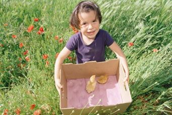 girl with box of baby chicks