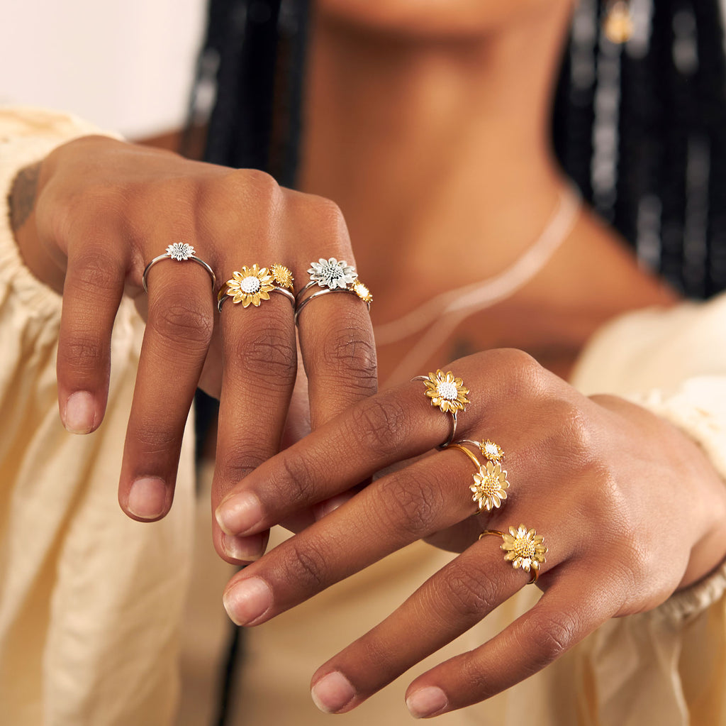 Midsummer Star Sterling Silver and Gold Vermeil Sunflower Rings, Studs, Earrings, Necklaces and Bracelets Campaign Images