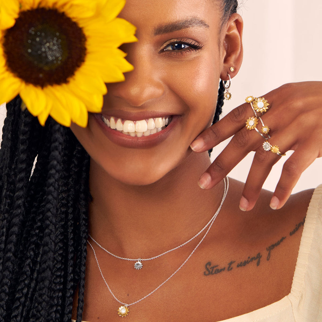 Midsummer Star Sterling Silver and Gold Vermeil Sunflower Rings, Studs, Earrings, Necklaces and Bracelets Campaign Images
