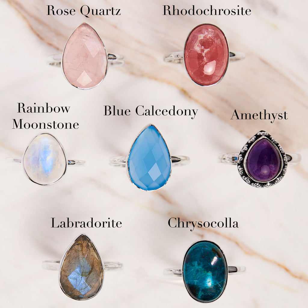 precious stone ring types rose quartz rhodochrosite moonstone blue calcedony amethyst labradorite chrysocolla