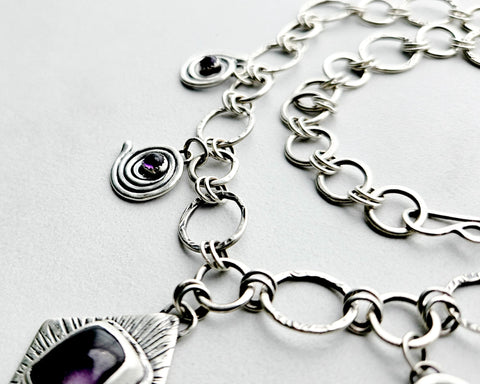 Sterling silver and amethyst forged .925 silver choker adjustable necklace