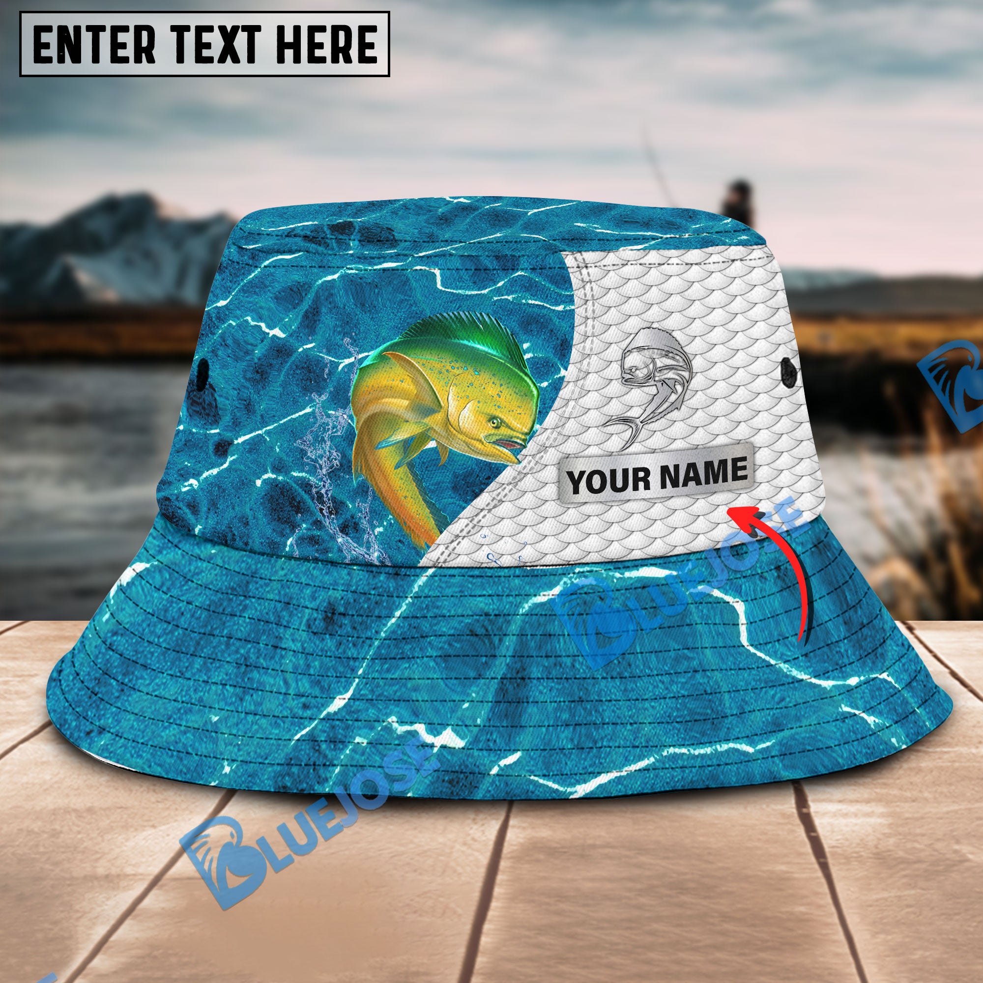 BlueJose Custom Name Mahimahi Fishing Blue Fishing Bucket Hat