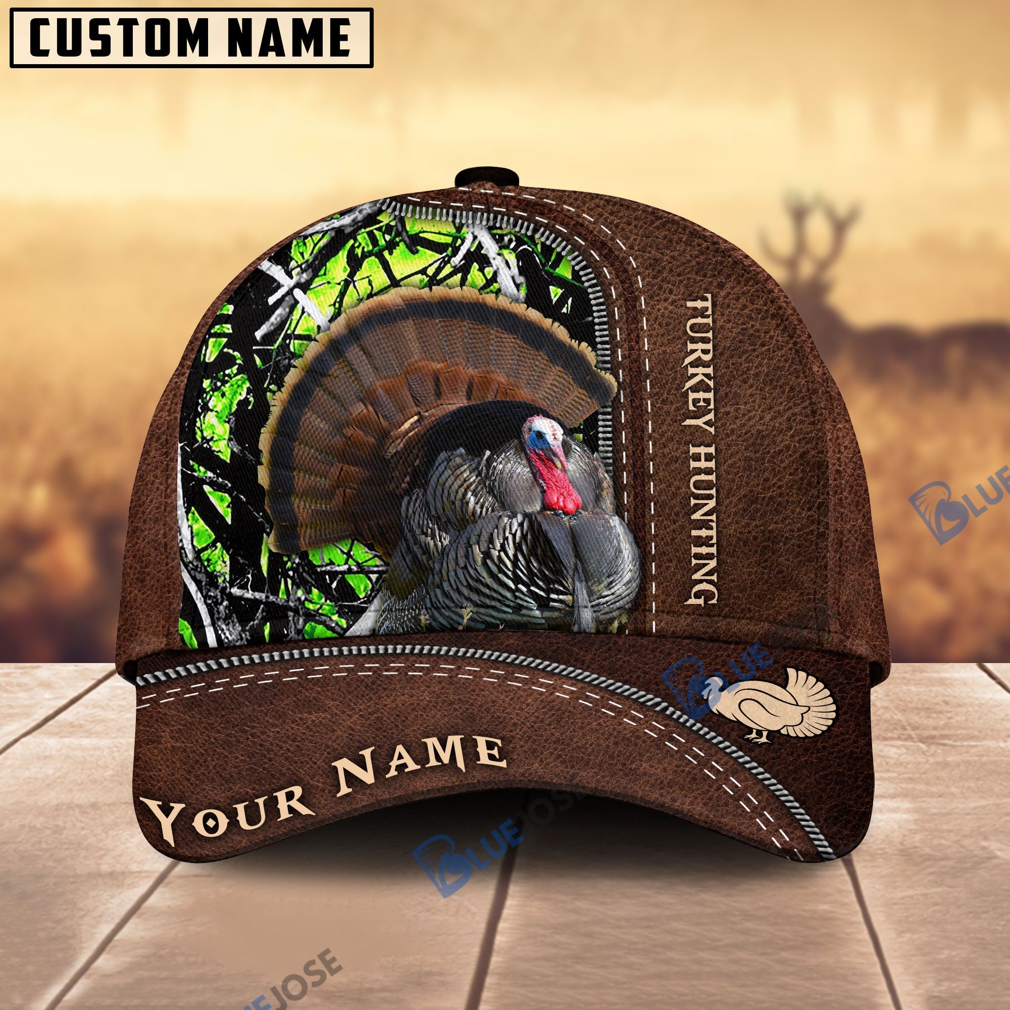 BlueJose Turkey Hunting Leather Pattern Personalized Name Cap